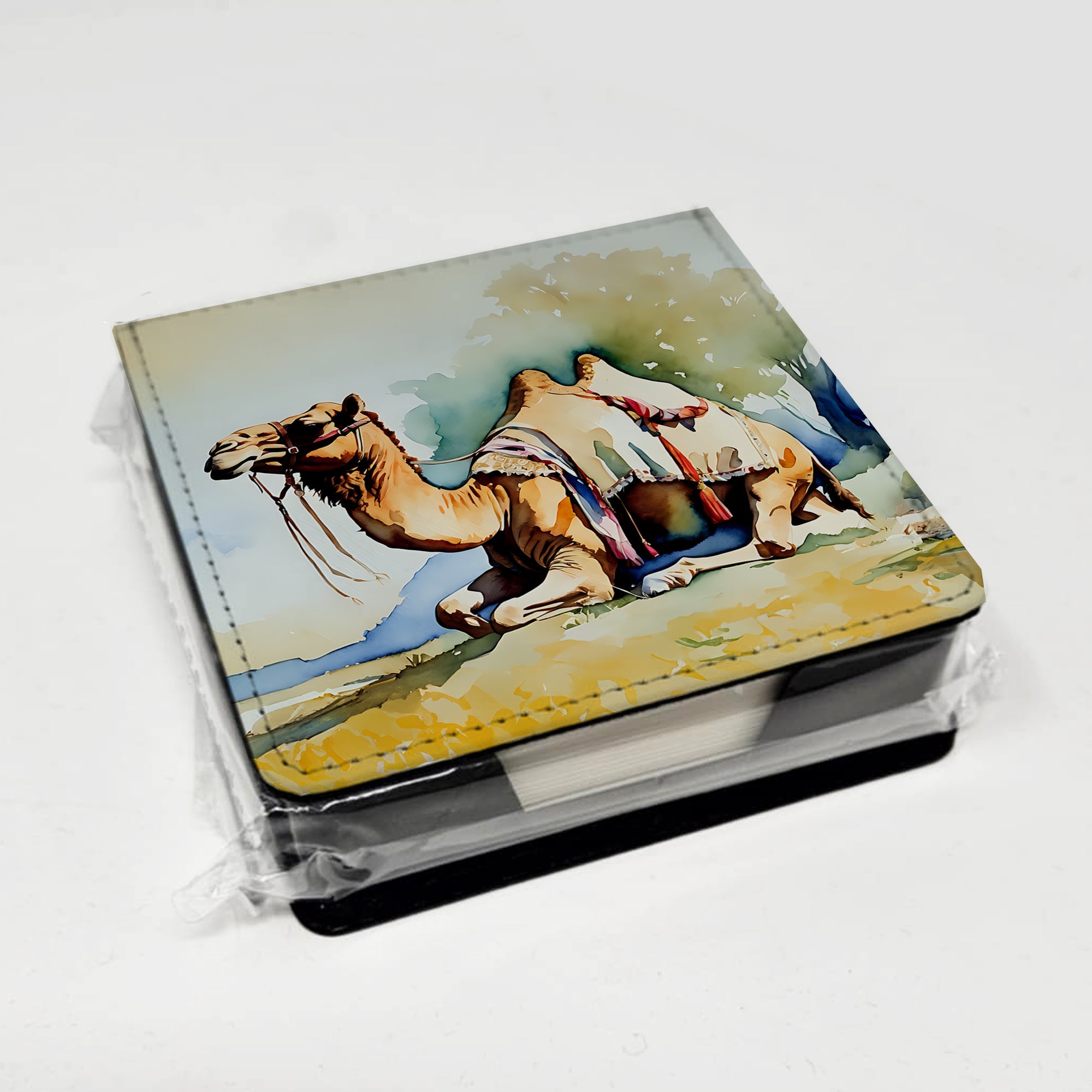 Camel PU Leather Note Paper Holder with Artist-Designed Cover, Desk Accessory, Office Gift