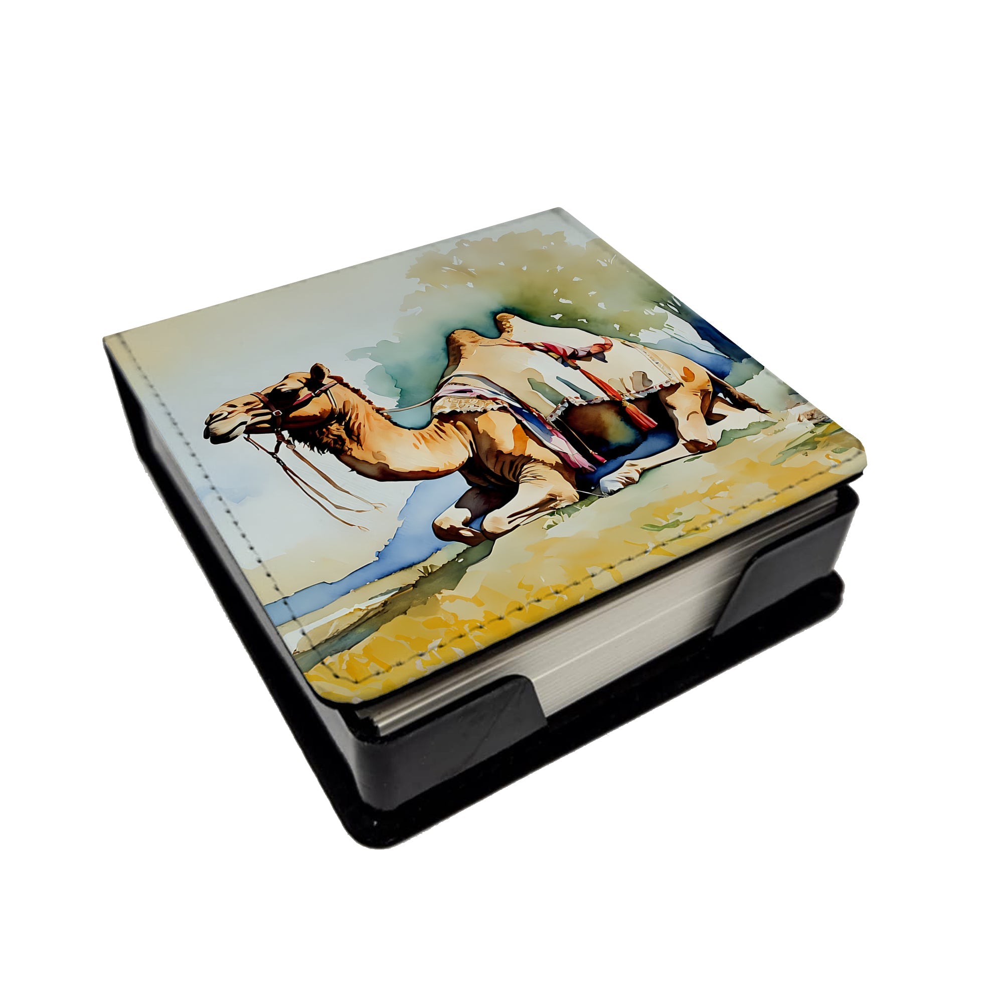 Camel PU Leather Note Paper Holder with Artist-Designed Cover, Desk Accessory, Office Gift