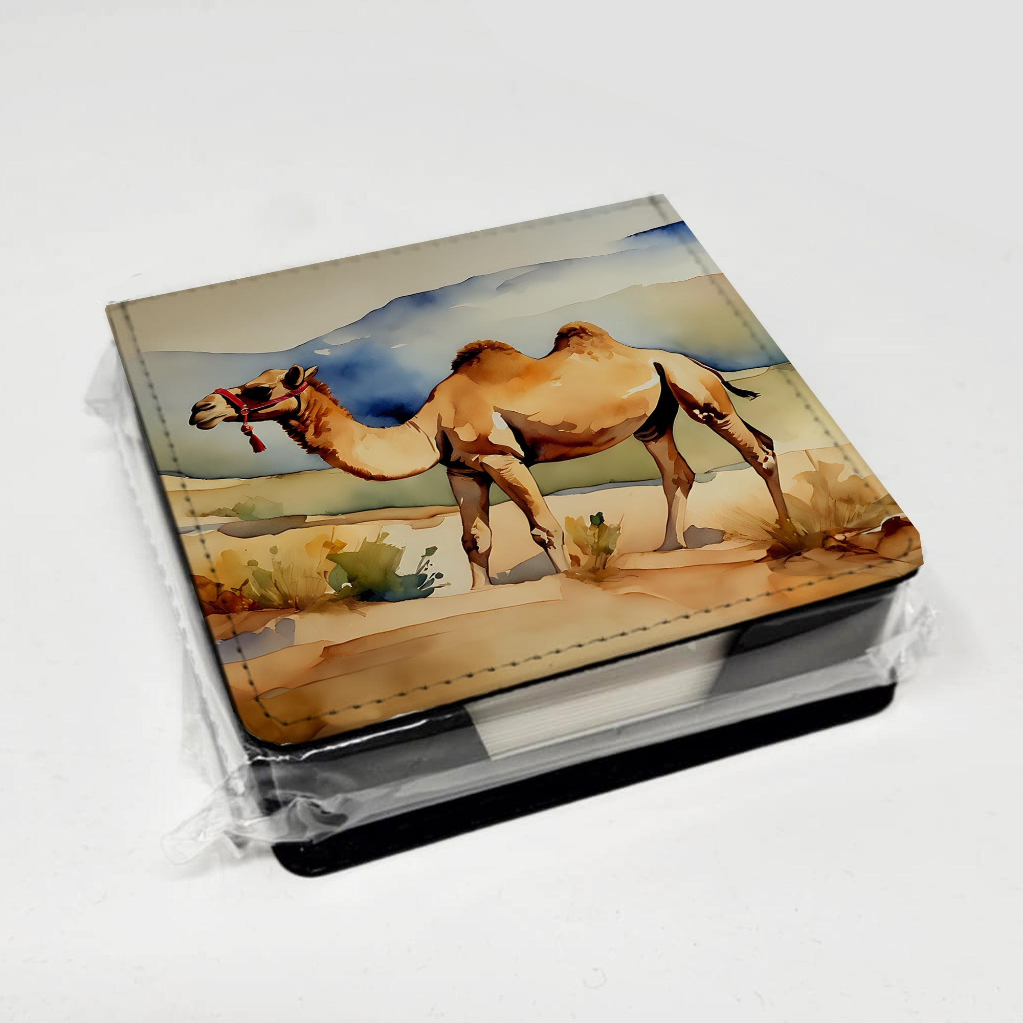 Camel PU Leather Note Paper Holder with Artist-Designed Cover, Desk Accessory, Office Gift