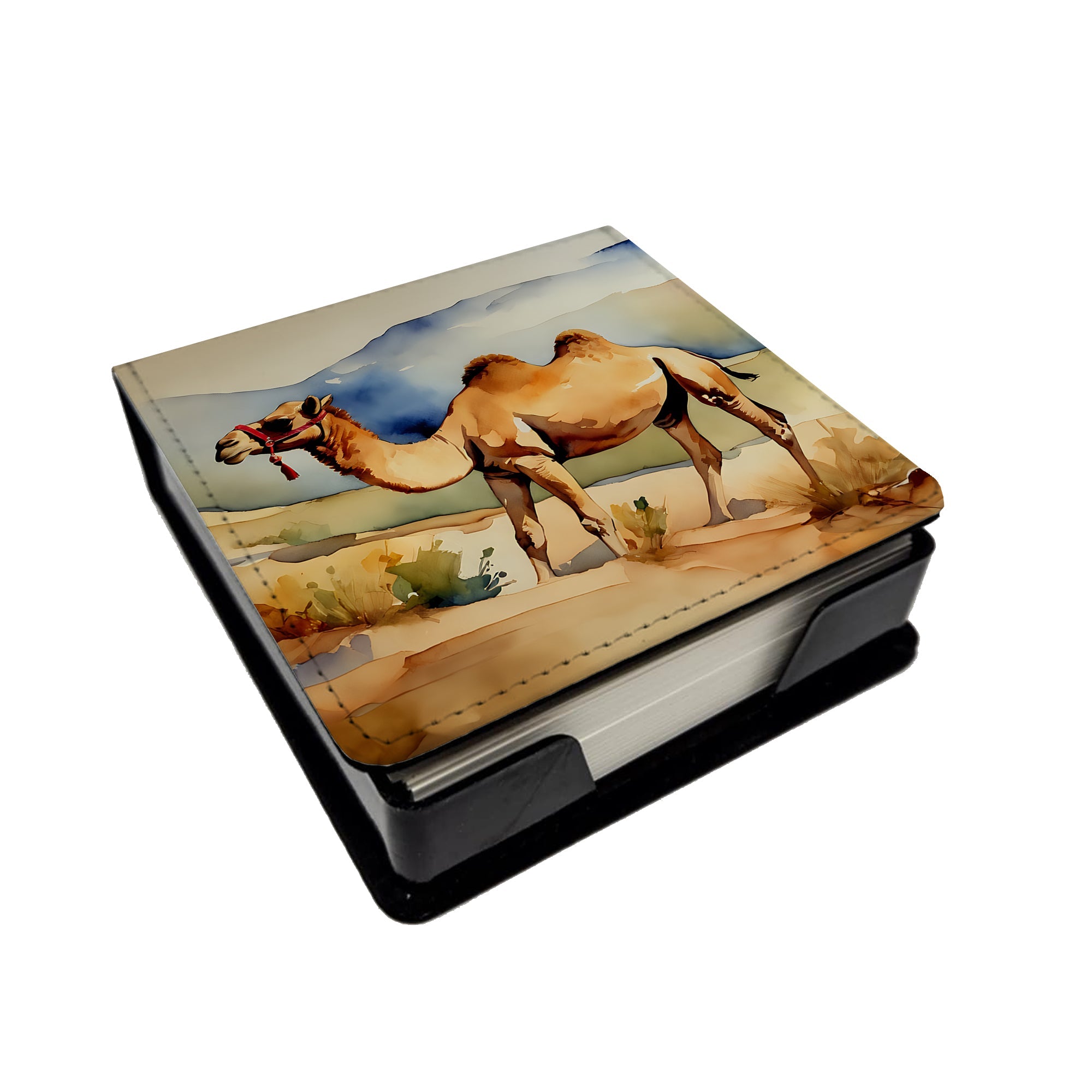 Camel PU Leather Note Paper Holder with Artist-Designed Cover, Desk Accessory, Office Gift