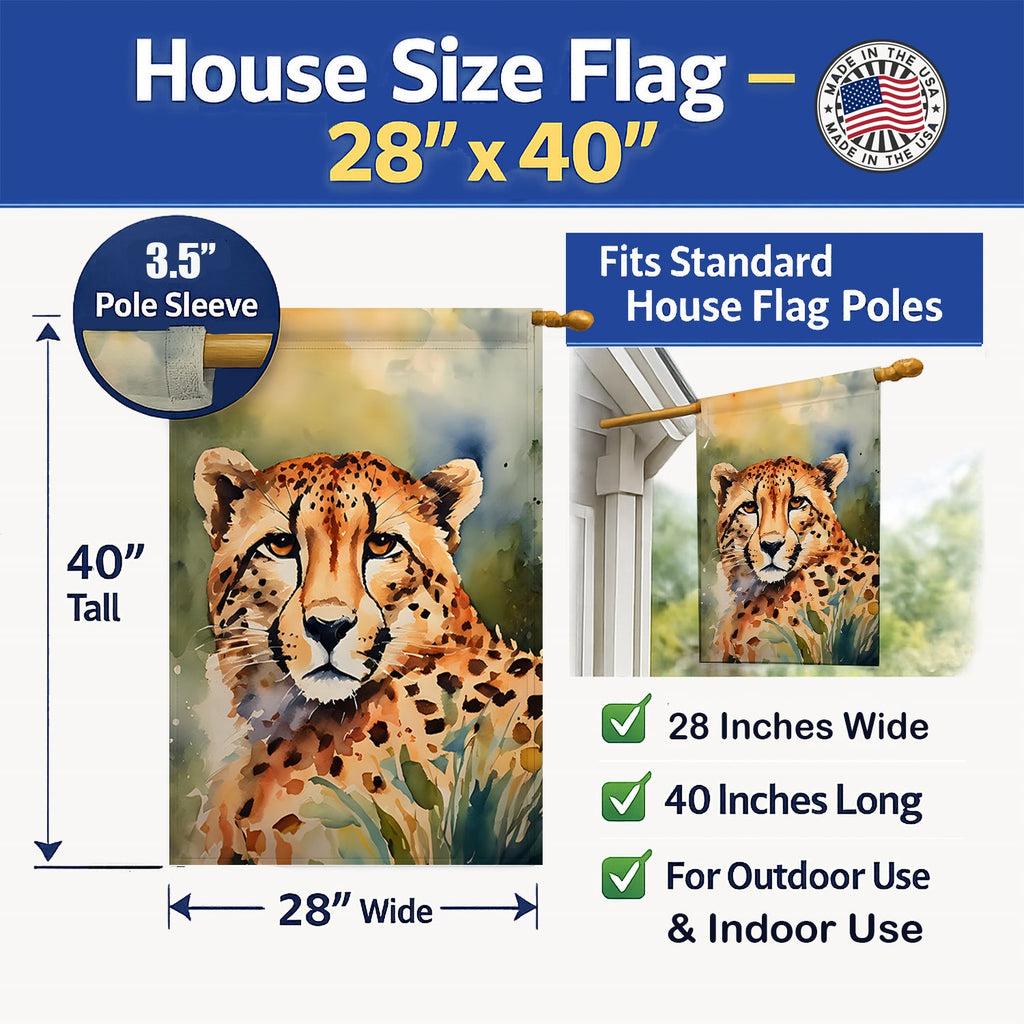 Cheetah House Flag 28x40 Porch Sleeve Pole Decorative Outside Yard Banner Artwork Wall Hanging, Polyester