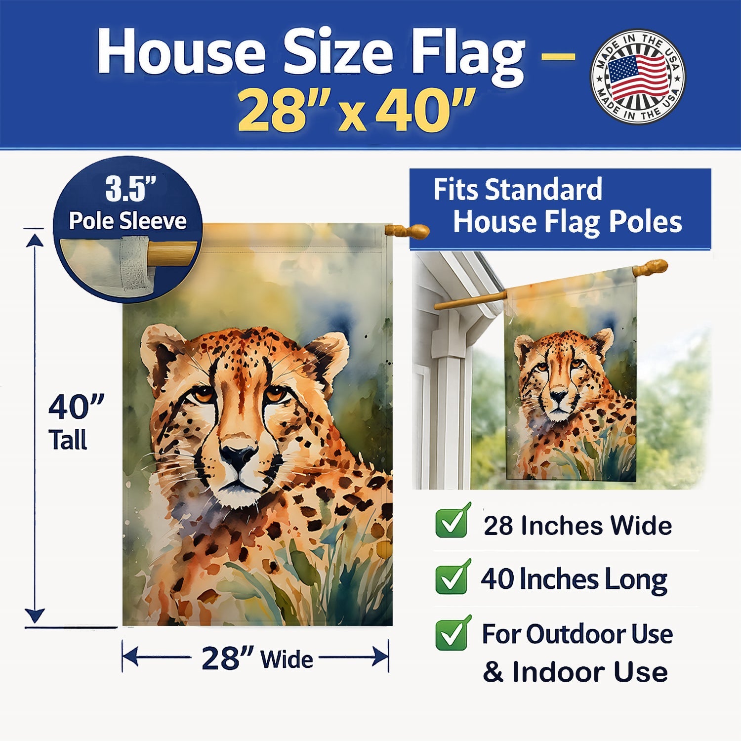 Cheetah House Flag 28x40 Porch Sleeve Pole Decorative Outside Yard Banner Artwork Wall Hanging, Polyester