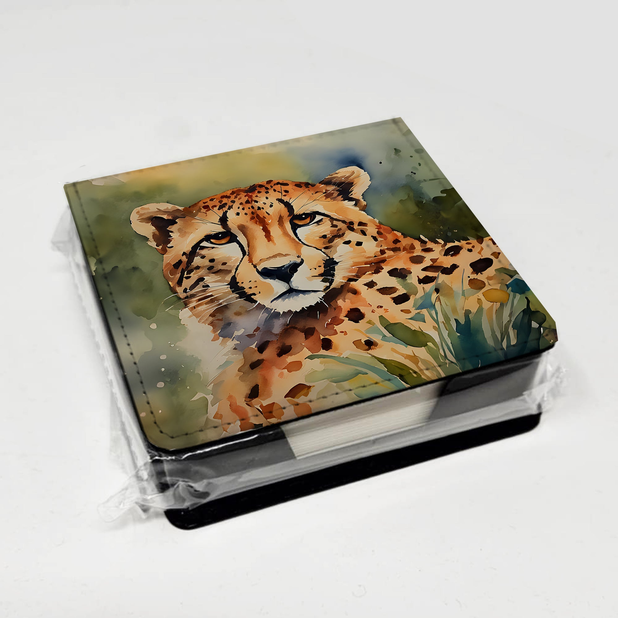 Cheetah PU Leather Note Paper Holder with Artist-Designed Cover, Desk Accessory, Office Gift