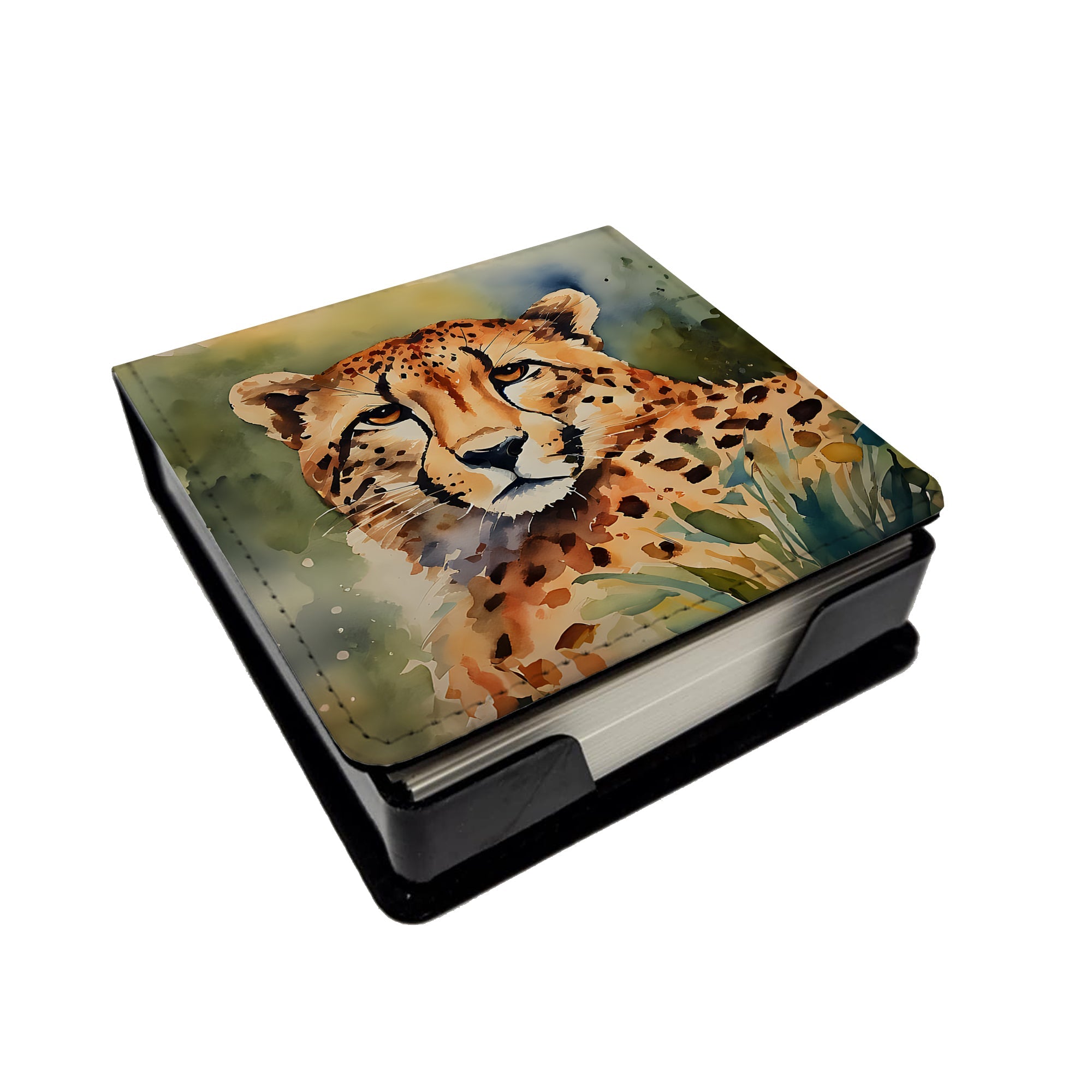 Cheetah PU Leather Note Paper Holder with Artist-Designed Cover, Desk Accessory, Office Gift