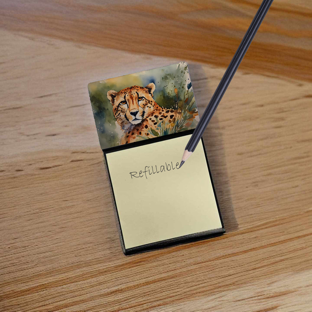 Cheetah Watercolor Sticky Note Holder Refillable Dispenser Desk Accessory 3x3 Pad Gift