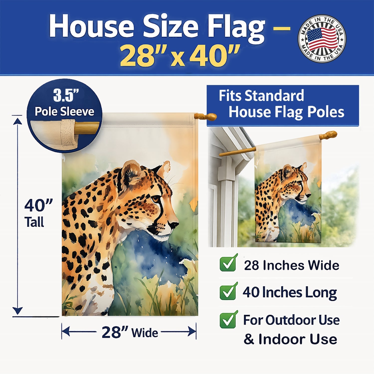 Cheetah House Flag 28x40 Porch Sleeve Pole Decorative Outside Yard Banner Artwork Wall Hanging, Polyester