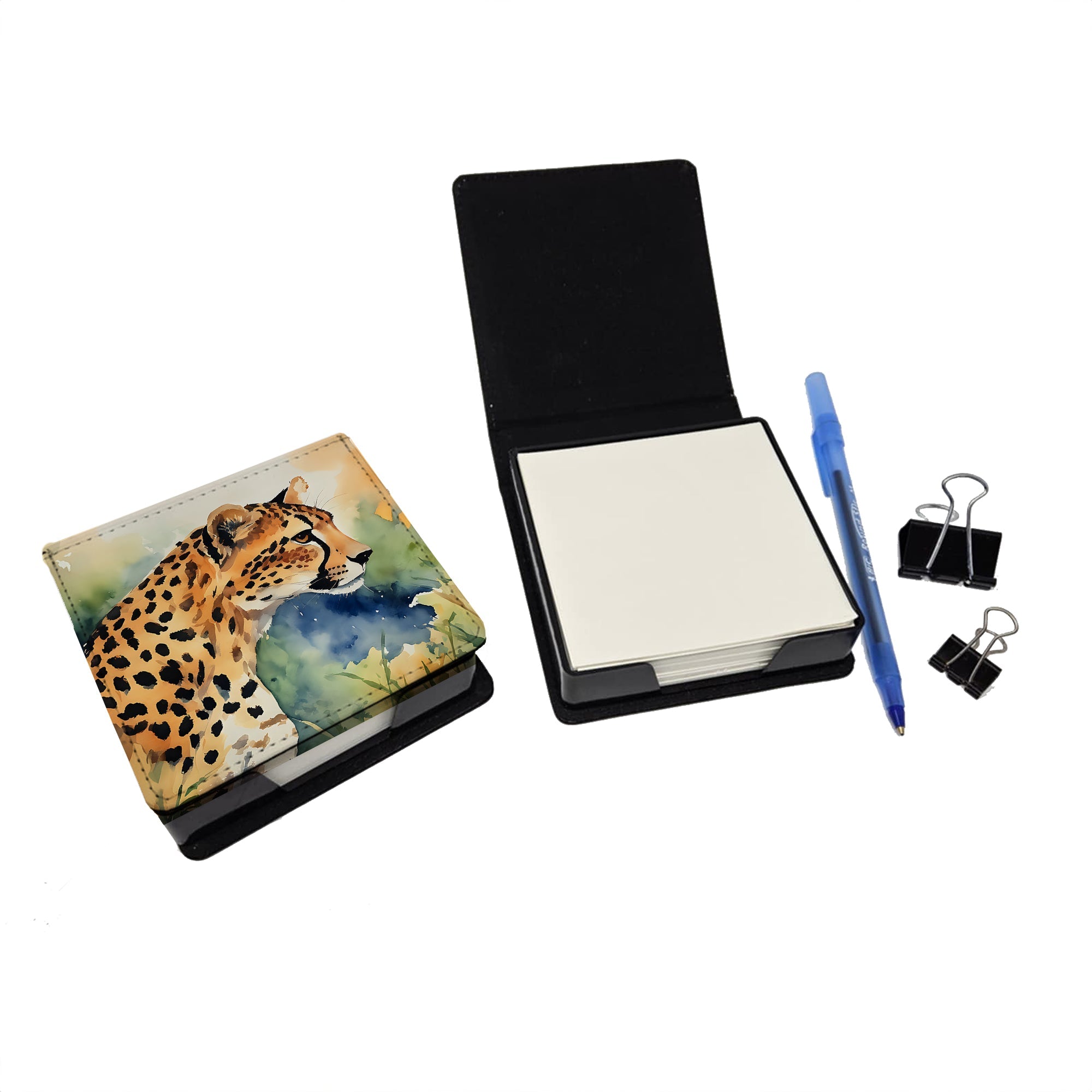 Cheetah PU Leather Note Paper Holder with Artist-Designed Cover, Desk Accessory, Office Gift