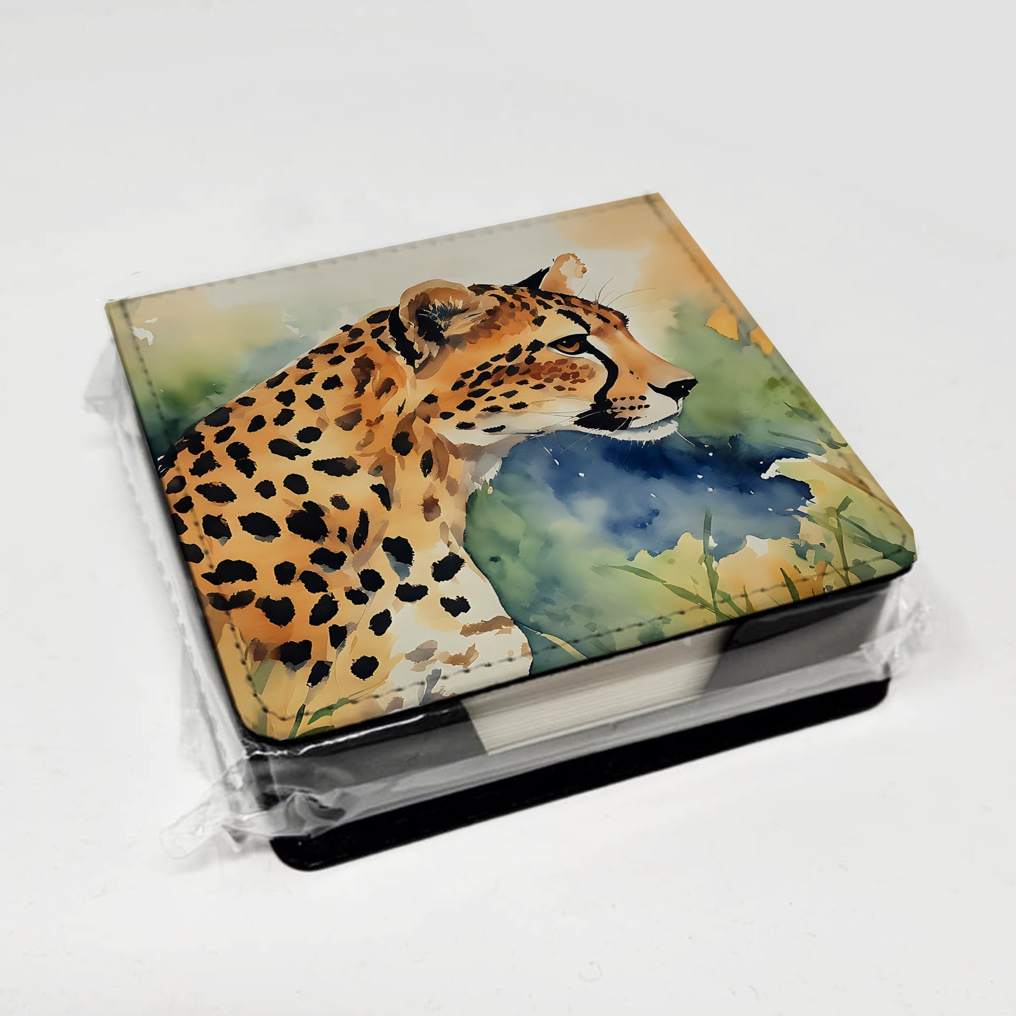 Cheetah PU Leather Note Paper Holder with Artist-Designed Cover, Desk Accessory, Office Gift