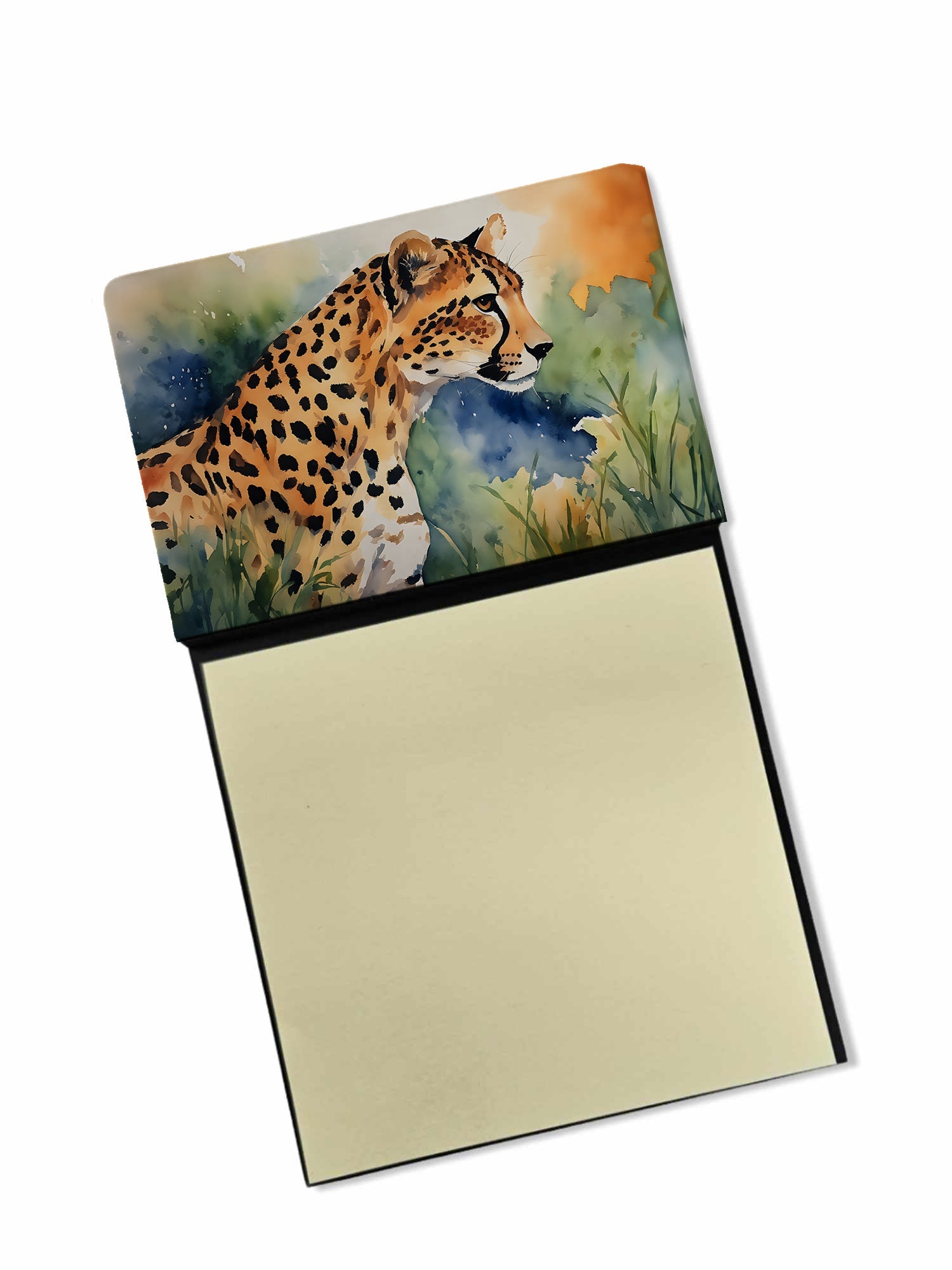Cheetah Watercolor Sticky Note Holder Refillable Dispenser Desk Accessory 3x3 Pad Gift