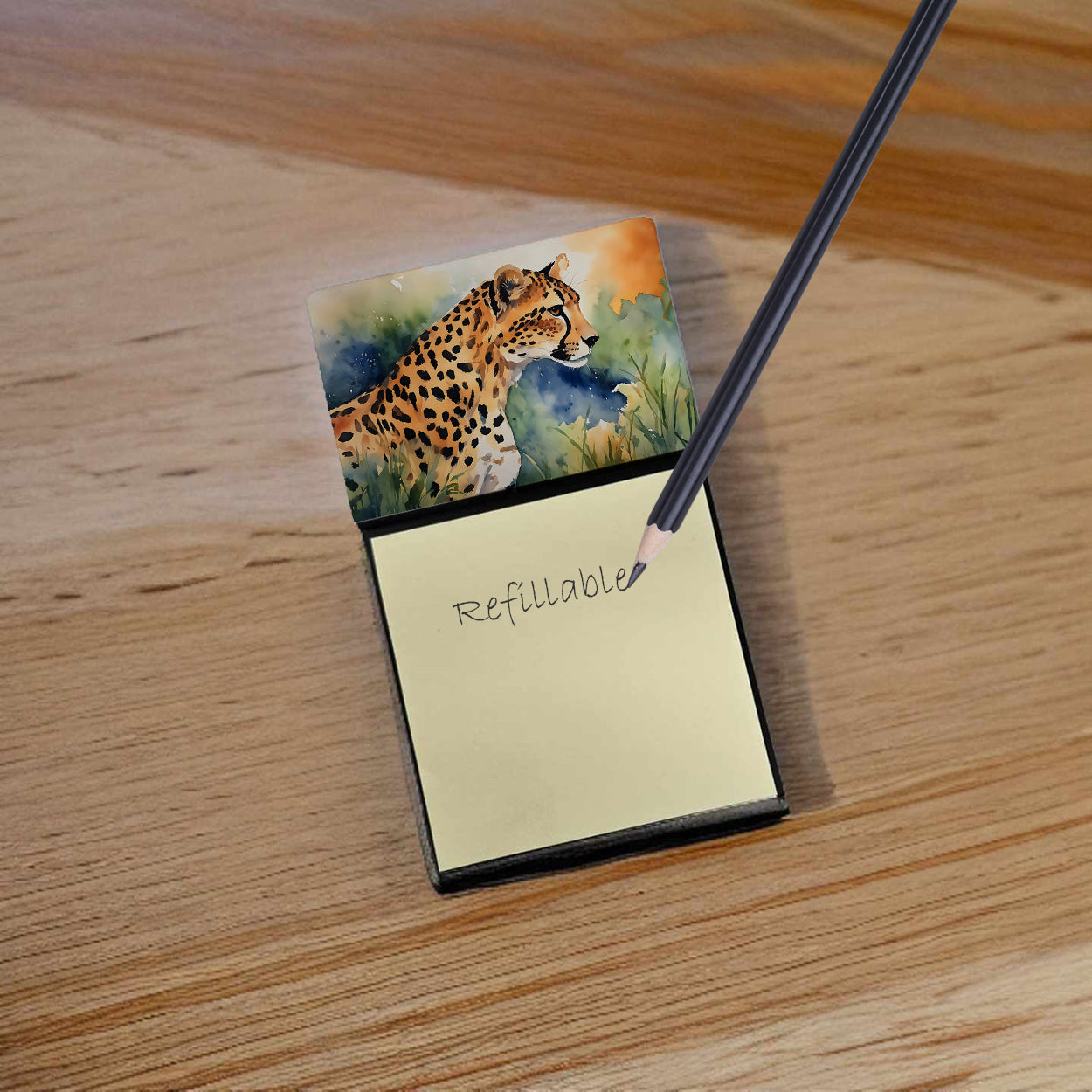 Cheetah Watercolor Sticky Note Holder Refillable Dispenser Desk Accessory 3x3 Pad Gift