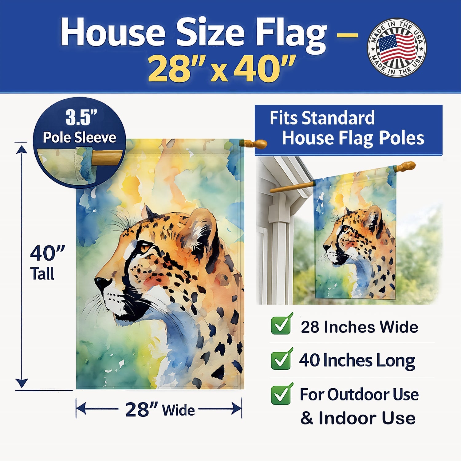 Cheetah House Flag 28x40 Porch Sleeve Pole Decorative Outside Yard Banner Artwork Wall Hanging, Polyester