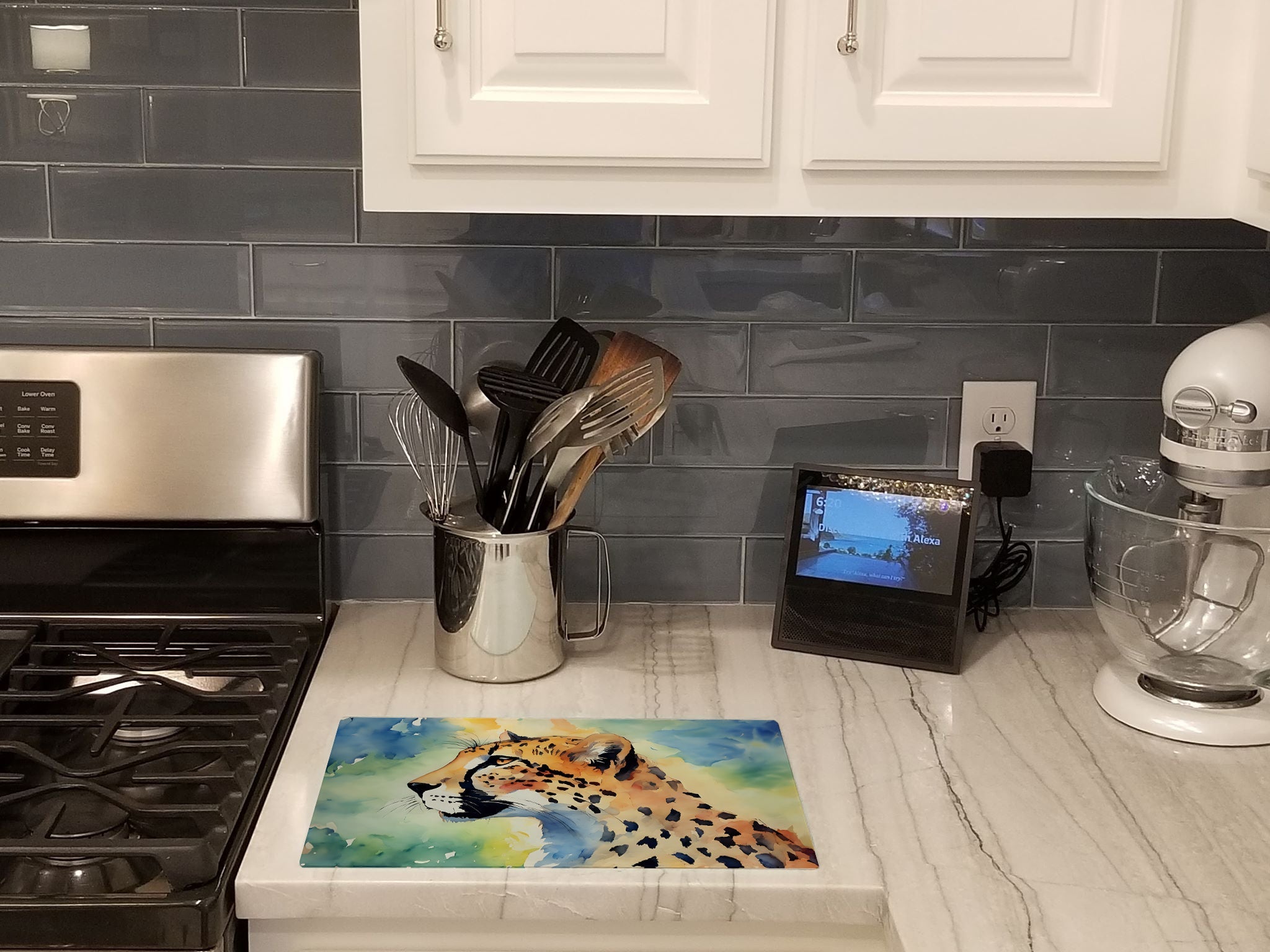 Cheetah Cutting Board Tempered Glass Kitchen Cutting Surface, Heat Resistant Chopping, Non-Slip Feet, Food Prep & Serving