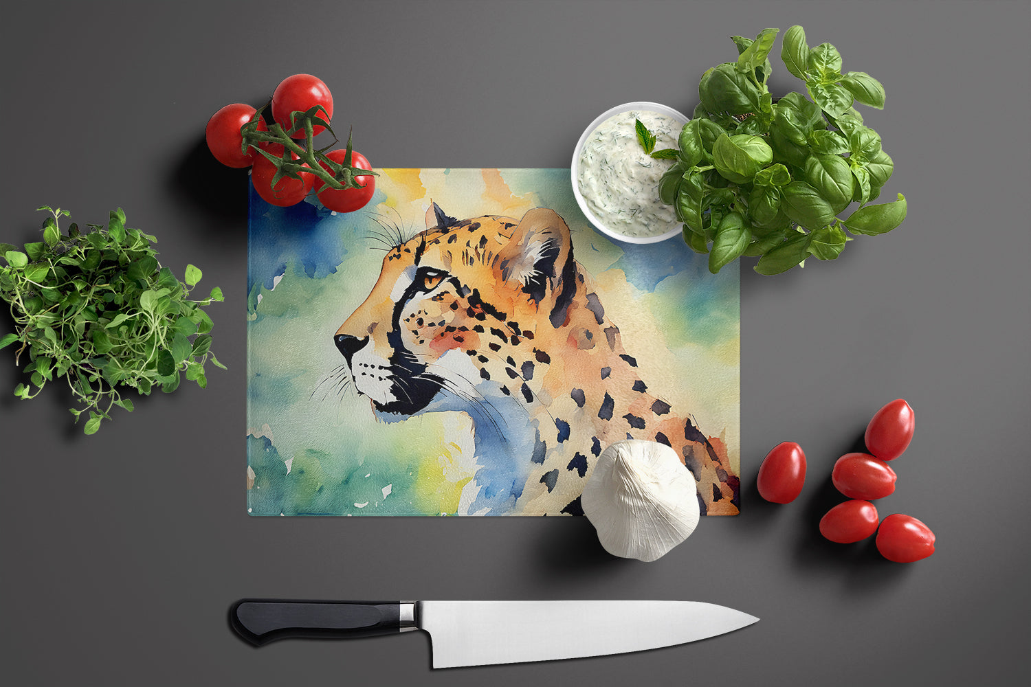 Cheetah Cutting Board Tempered Glass Kitchen Cutting Surface, Heat Resistant Chopping, Non-Slip Feet, Food Prep & Serving