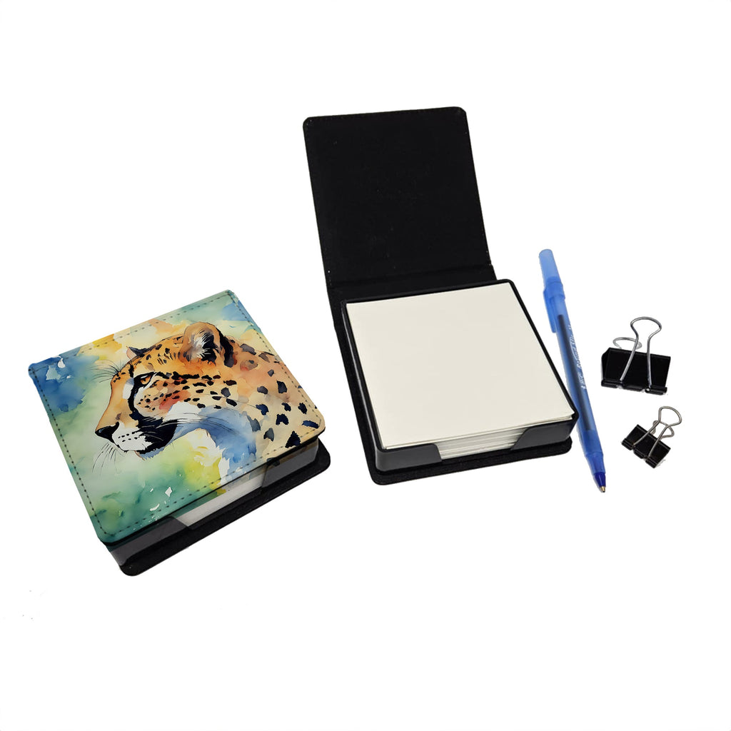 Cheetah PU Leather Note Paper Holder with Artist-Designed Cover, Desk Accessory, Office Gift