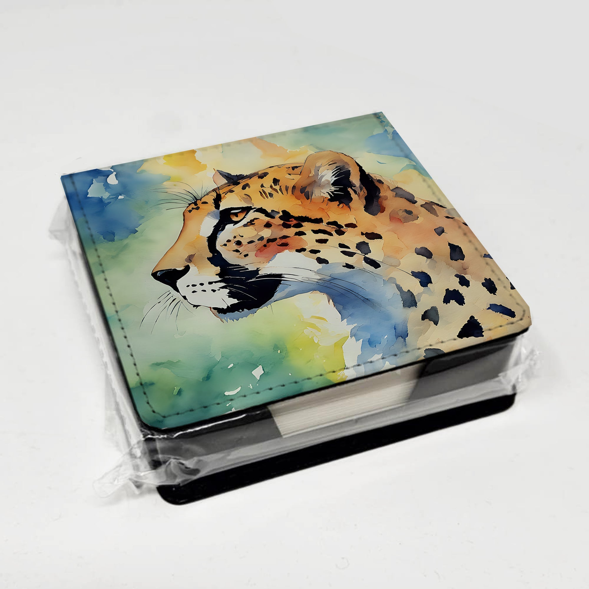 Cheetah PU Leather Note Paper Holder with Artist-Designed Cover, Desk Accessory, Office Gift