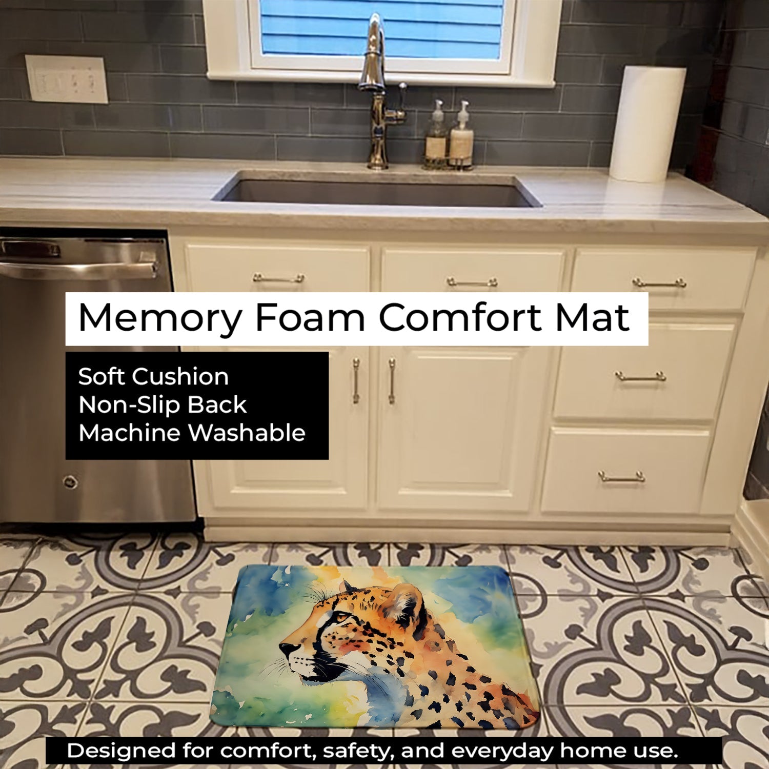 Cheetah Memory Foam Kitchen Mat Machine Washable Anti-Fatigue Cushion Comfort Bath or Kitchen Rug