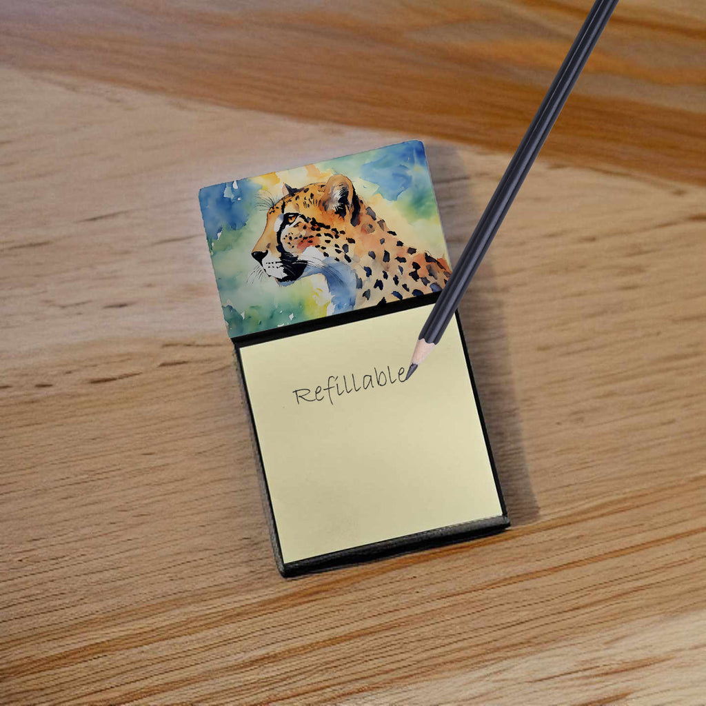 Cheetah Watercolor Sticky Note Holder Refillable Dispenser Desk Accessory 3x3 Pad Gift