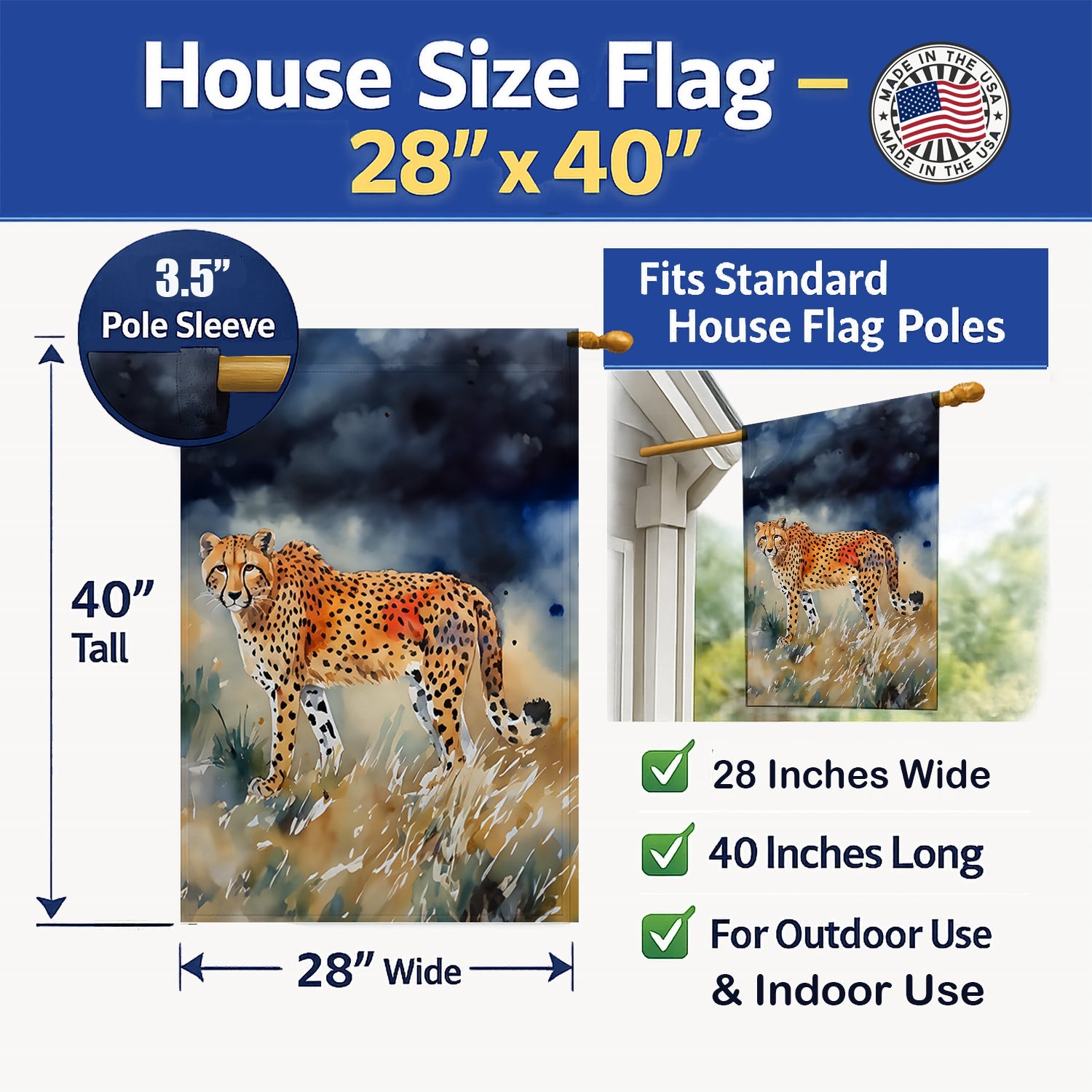 Cheetah House Flag 28x40 Porch Sleeve Pole Decorative Outside Yard Banner Artwork Wall Hanging, Polyester
