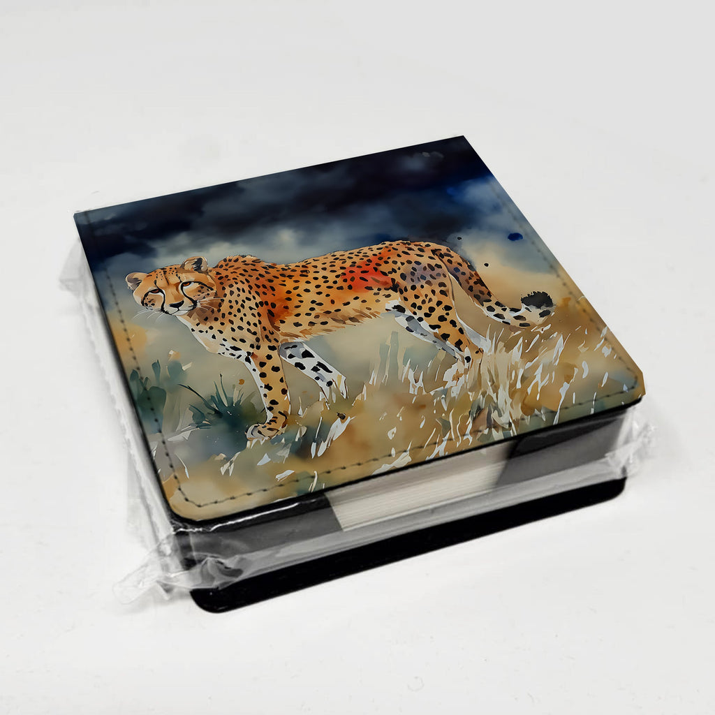 Cheetah PU Leather Note Paper Holder with Artist-Designed Cover, Desk Accessory, Office Gift