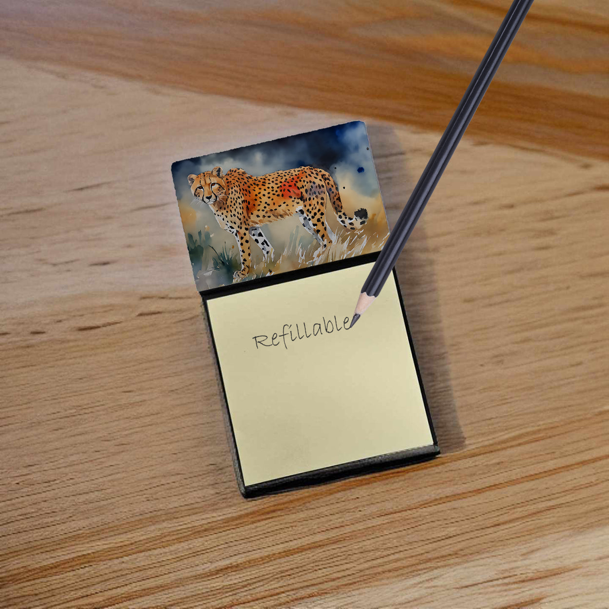 Cheetah Watercolor Sticky Note Holder Refillable Dispenser Desk Accessory 3x3 Pad Gift