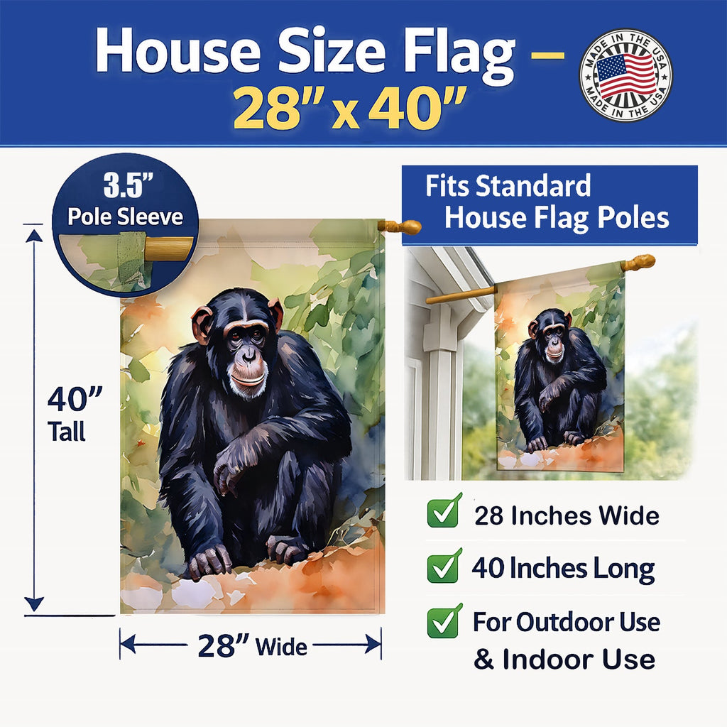 Chimpanzee House Flag 28x40 Porch Sleeve Pole Decorative Outside Yard Banner Artwork Wall Hanging, Polyester