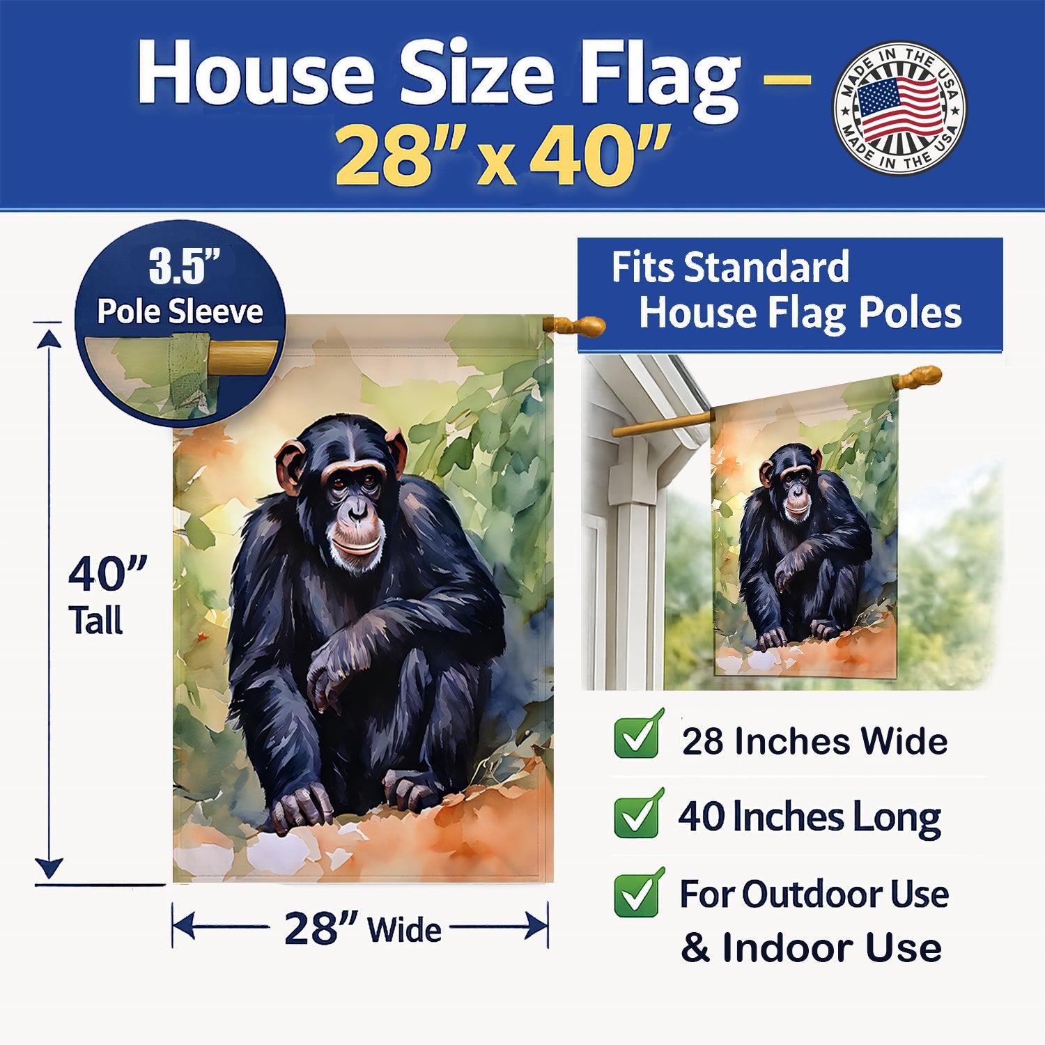 Chimpanzee House Flag 28x40 Porch Sleeve Pole Decorative Outside Yard Banner Artwork Wall Hanging, Polyester