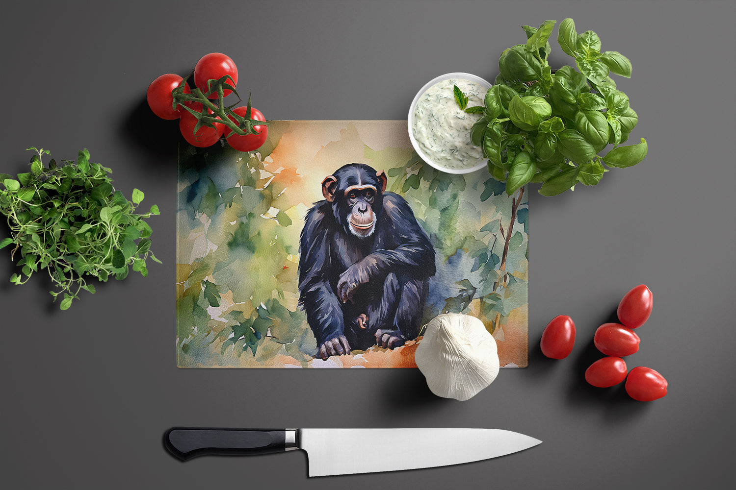 Chimpanzee Cutting Board Tempered Glass Kitchen Cutting Surface, Heat Resistant Chopping, Non-Slip Feet, Food Prep & Serving