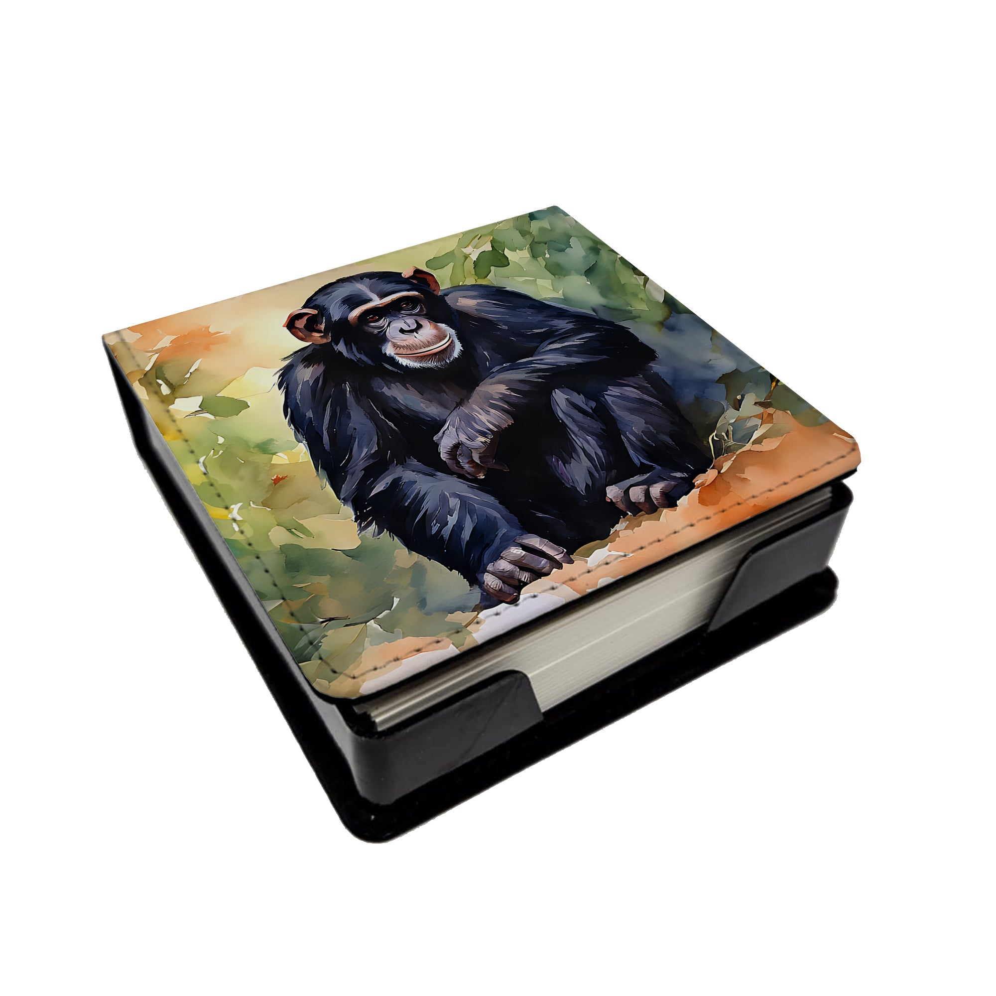Chimpanzee PU Leather Note Paper Holder with Artist-Designed Cover, Desk Accessory, Office Gift