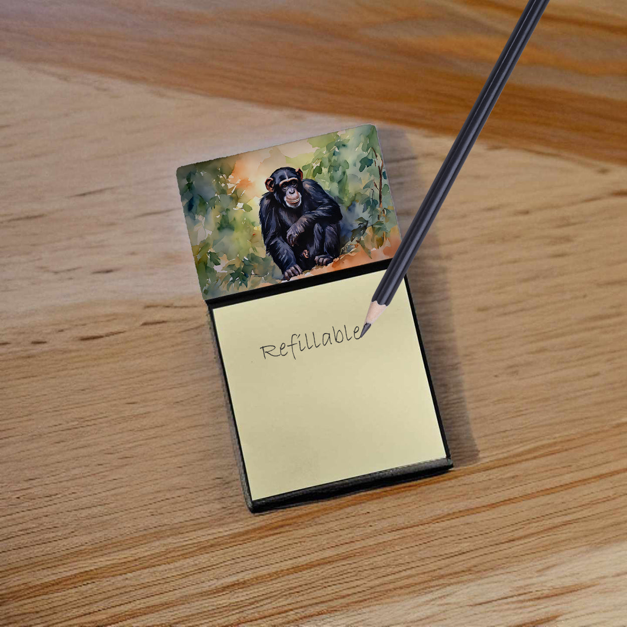 Chimpanzee Watercolor Sticky Note Holder Refillable Dispenser Desk Accessory 3x3 Pad Gift