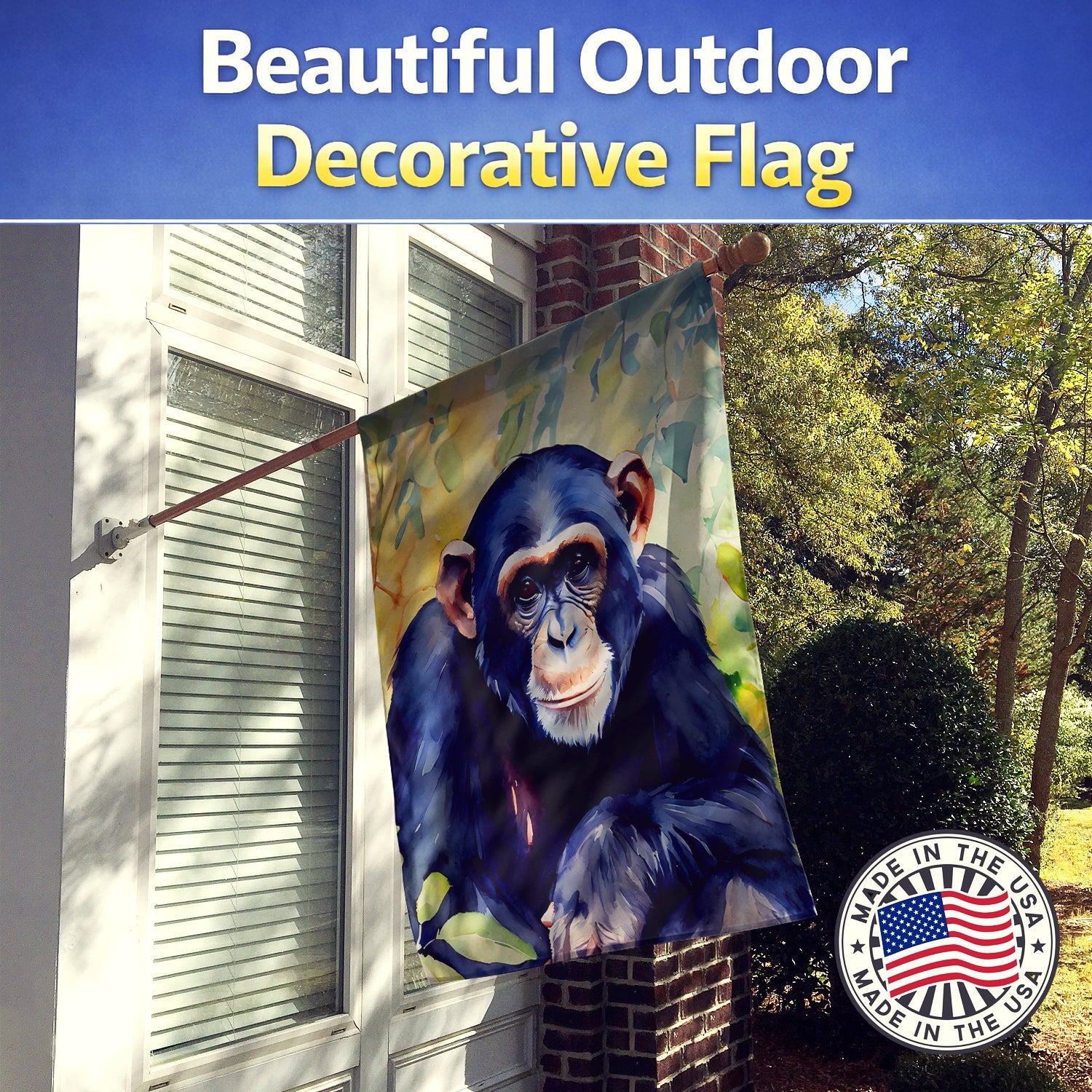 Chimpanzee House Flag 28x40 Porch Sleeve Pole Decorative Outside Yard Banner Artwork Wall Hanging, Polyester