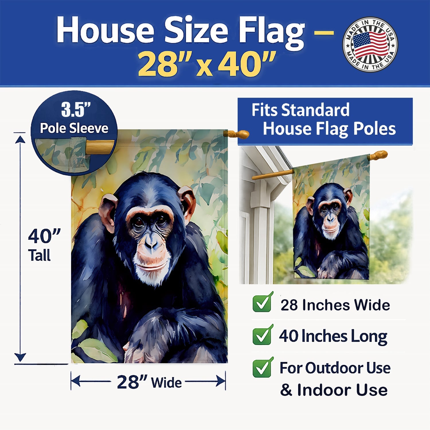 Chimpanzee House Flag 28x40 Porch Sleeve Pole Decorative Outside Yard Banner Artwork Wall Hanging, Polyester