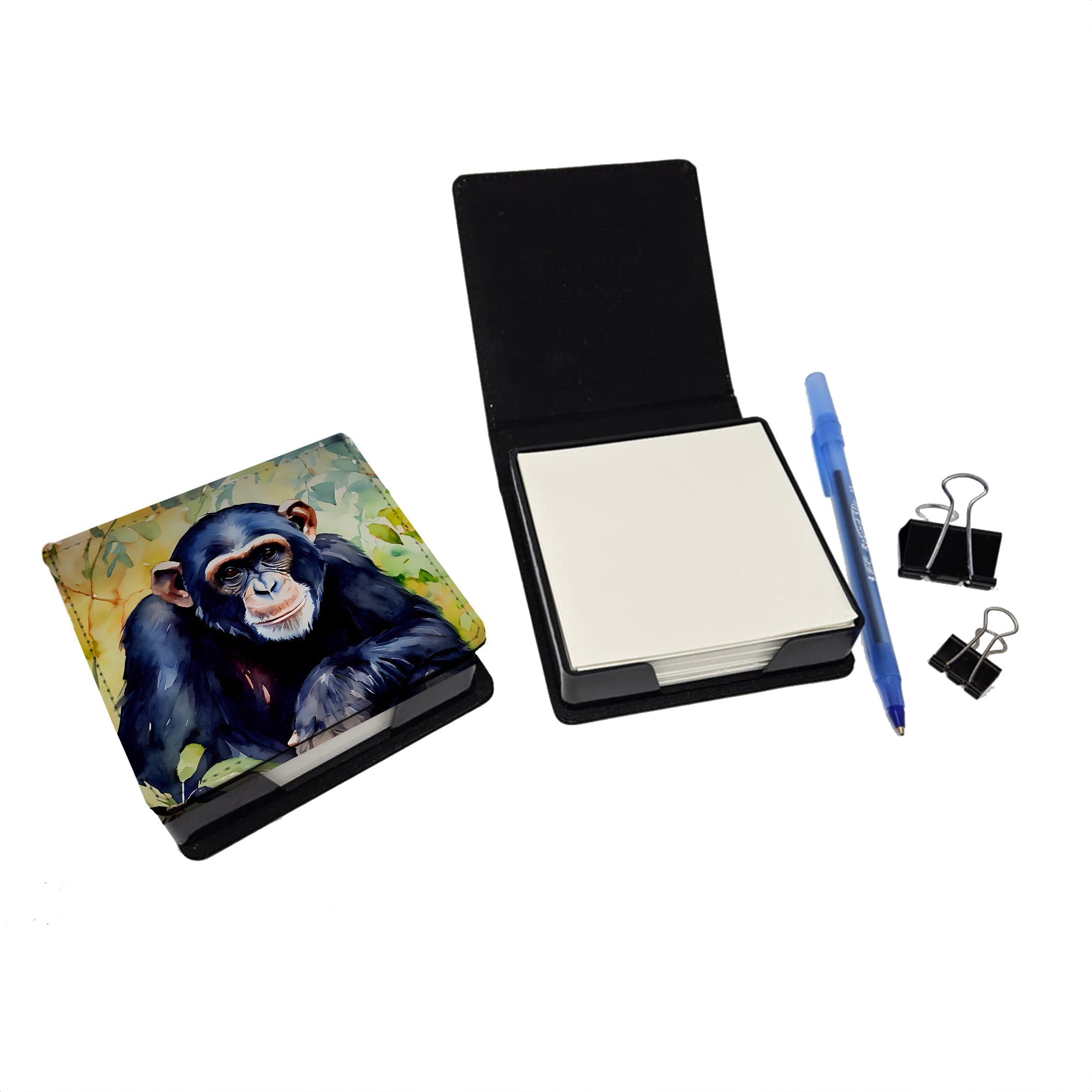 Chimpanzee PU Leather Note Paper Holder with Artist-Designed Cover, Desk Accessory, Office Gift