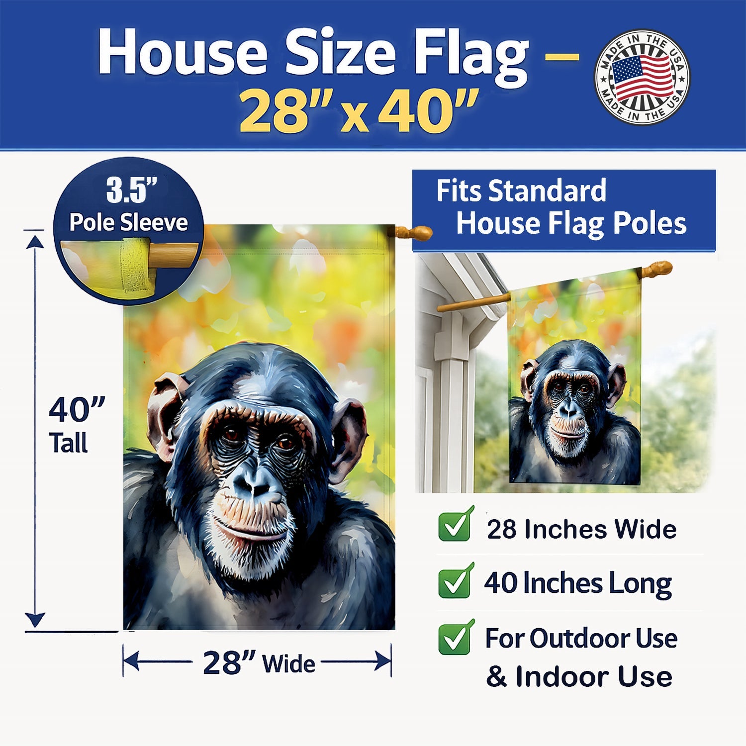 Chimpanzee House Flag 28x40 Porch Sleeve Pole Decorative Outside Yard Banner Artwork Wall Hanging, Polyester