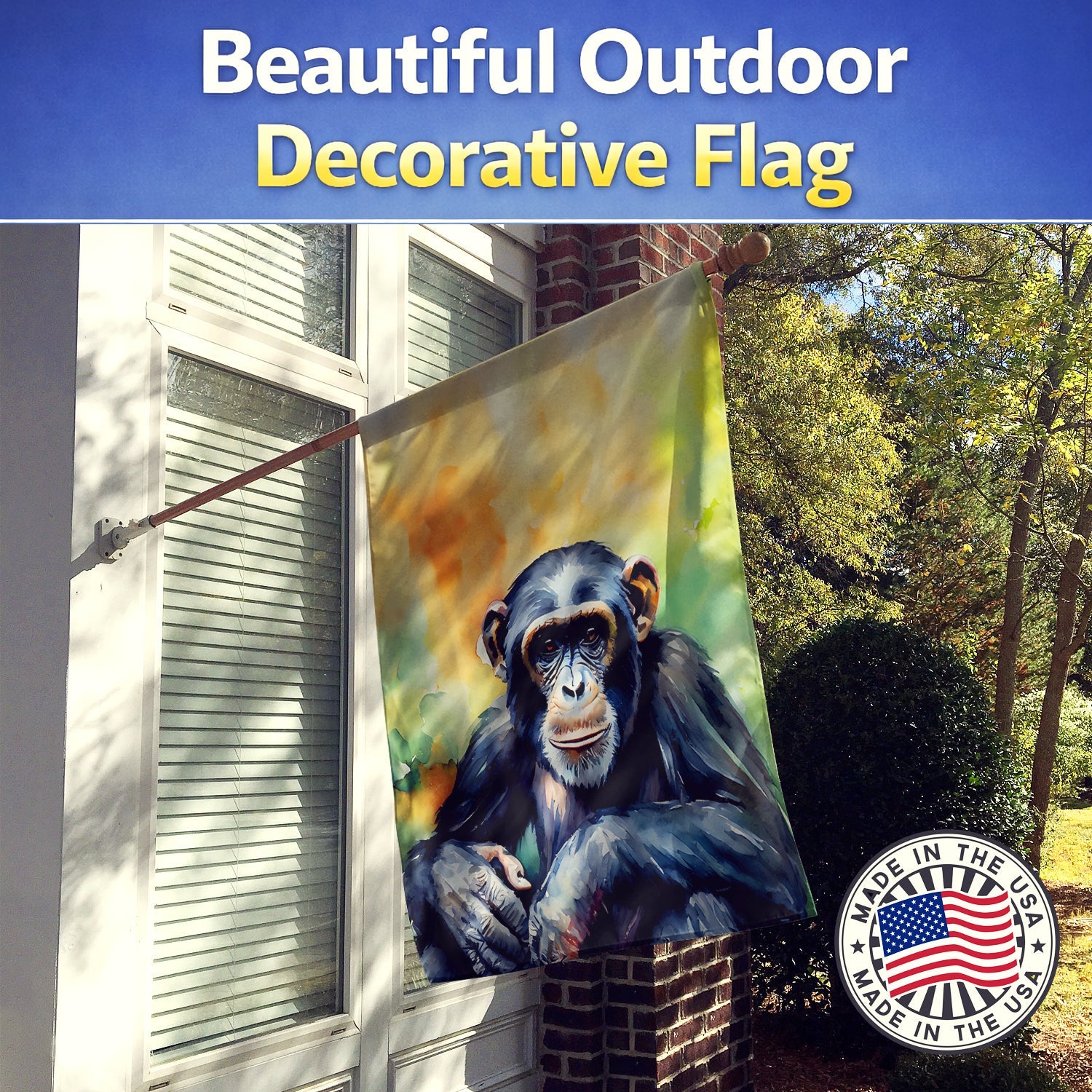 Chimpanzee House Flag 28x40 Porch Sleeve Pole Decorative Outside Yard Banner Artwork Wall Hanging, Polyester
