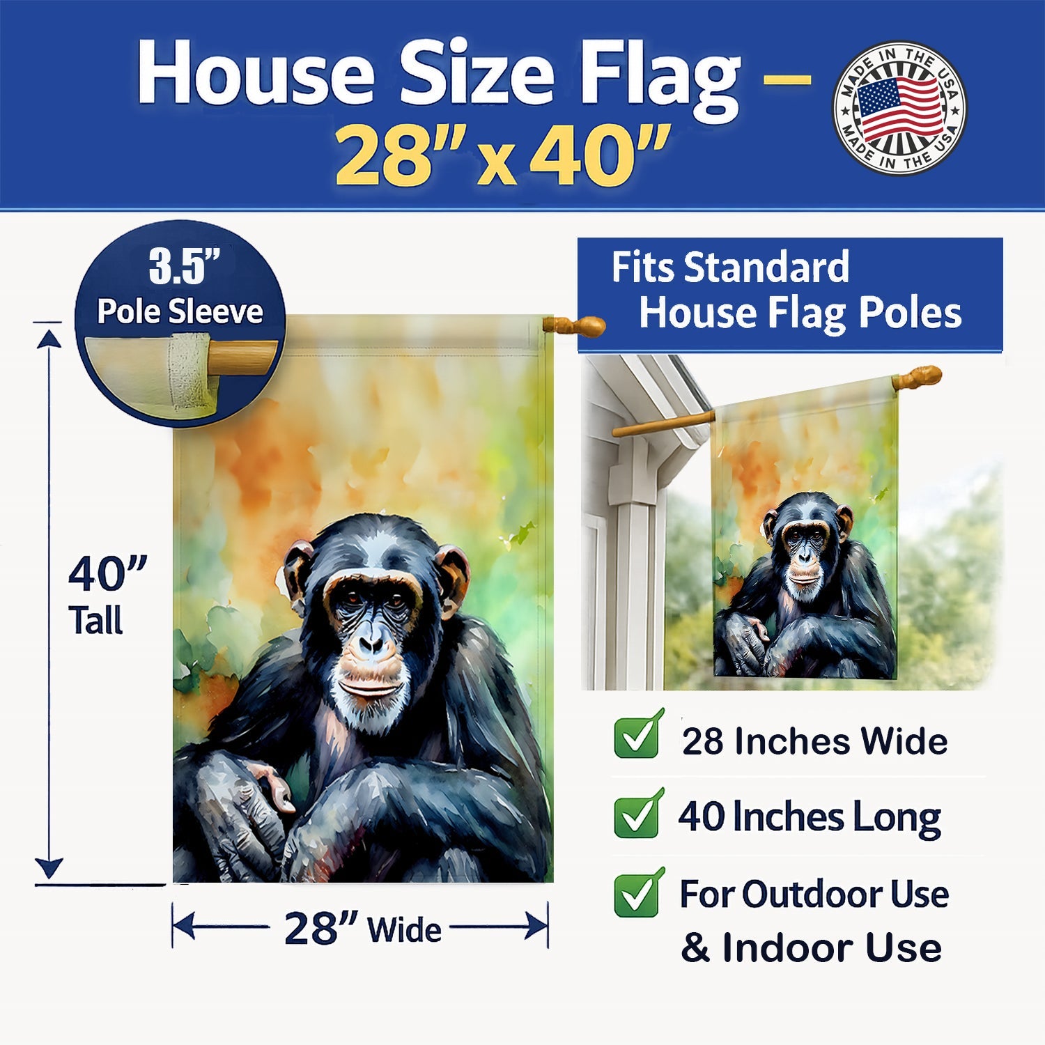 Chimpanzee House Flag 28x40 Porch Sleeve Pole Decorative Outside Yard Banner Artwork Wall Hanging, Polyester
