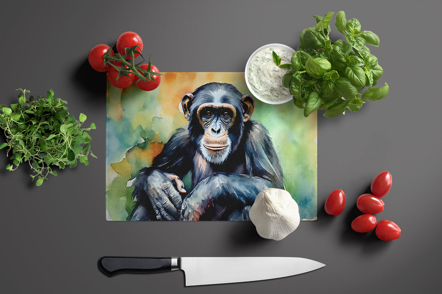 Chimpanzee Cutting Board Tempered Glass Kitchen Cutting Surface, Heat Resistant Chopping, Non-Slip Feet, Food Prep & Serving