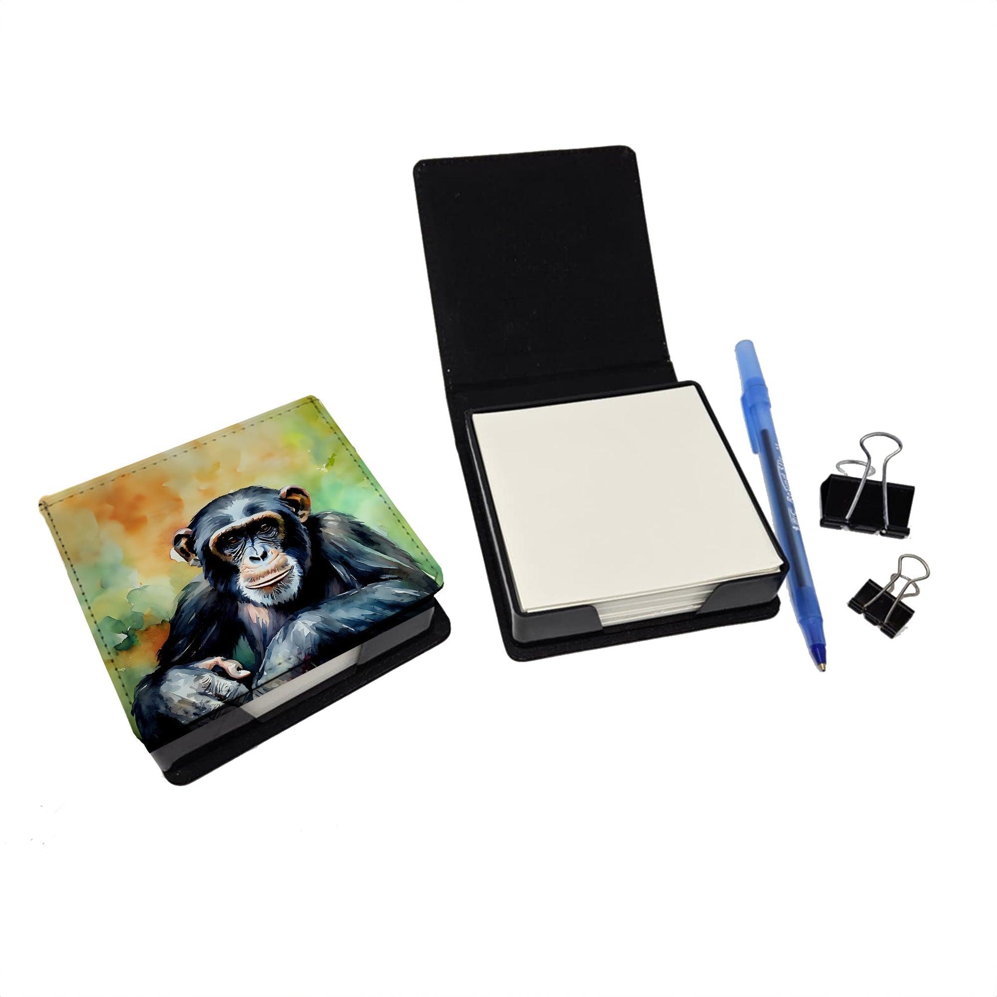 Chimpanzee PU Leather Note Paper Holder with Artist-Designed Cover, Desk Accessory, Office Gift