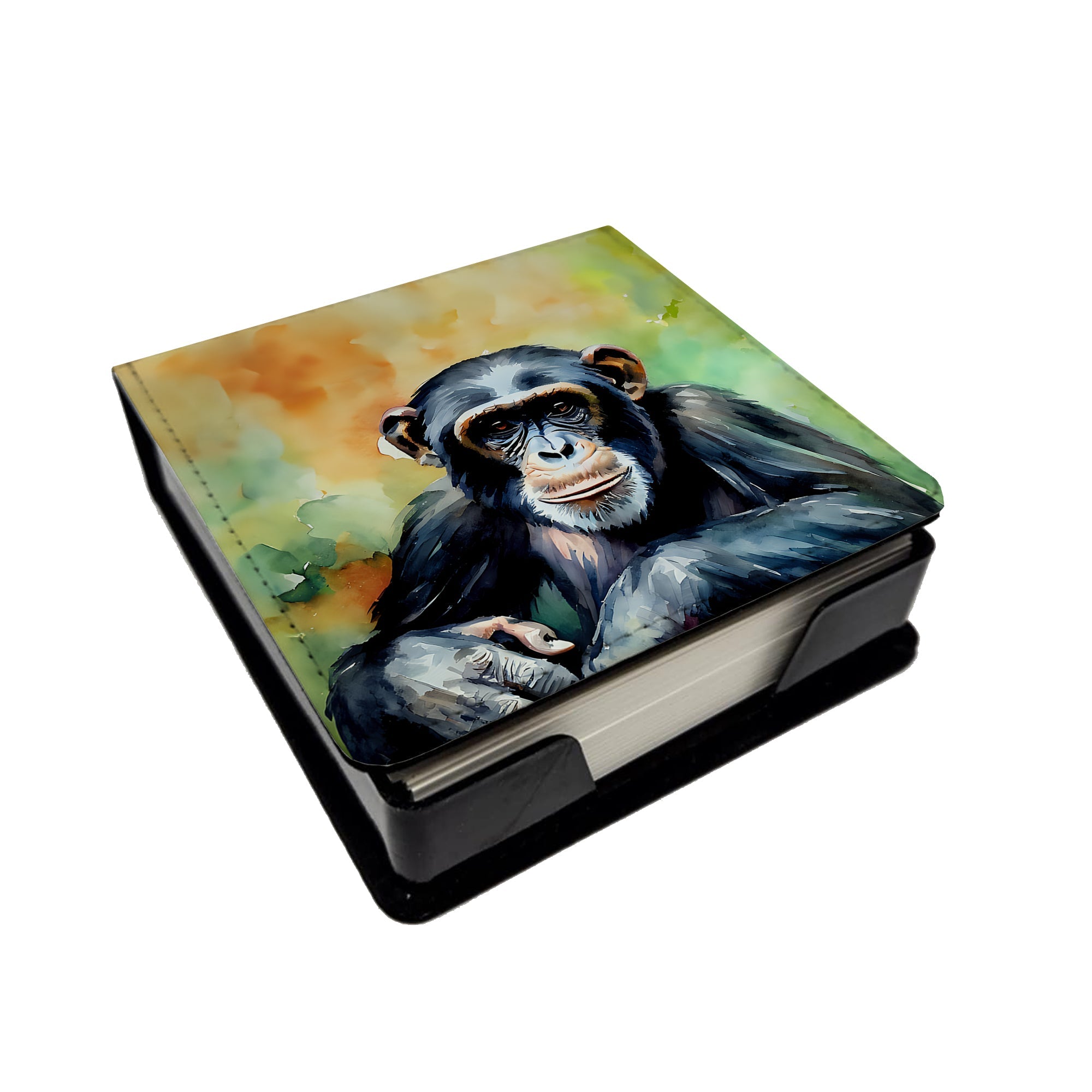 Chimpanzee PU Leather Note Paper Holder with Artist-Designed Cover, Desk Accessory, Office Gift