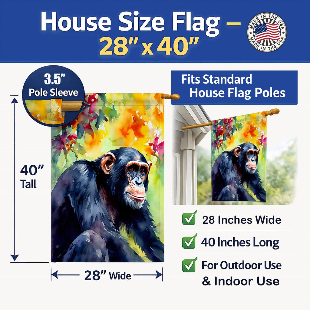 Chimpanzee House Flag 28x40 Porch Sleeve Pole Decorative Outside Yard Banner Artwork Wall Hanging, Polyester