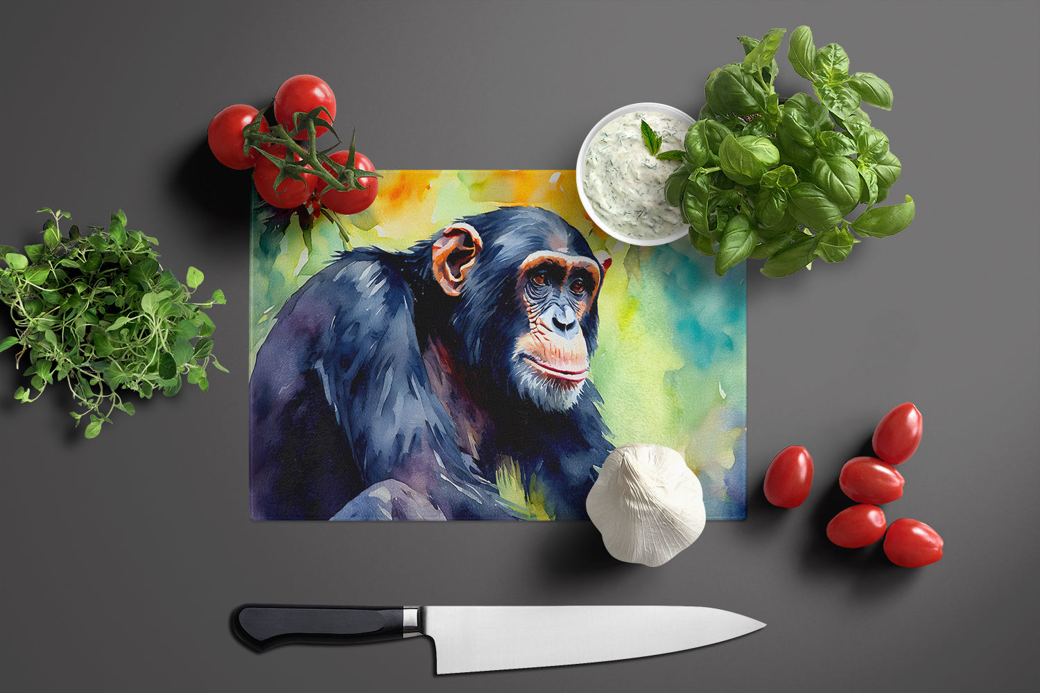 Chimpanzee Cutting Board Tempered Glass Kitchen Cutting Surface, Heat Resistant Chopping, Non-Slip Feet, Food Prep & Serving
