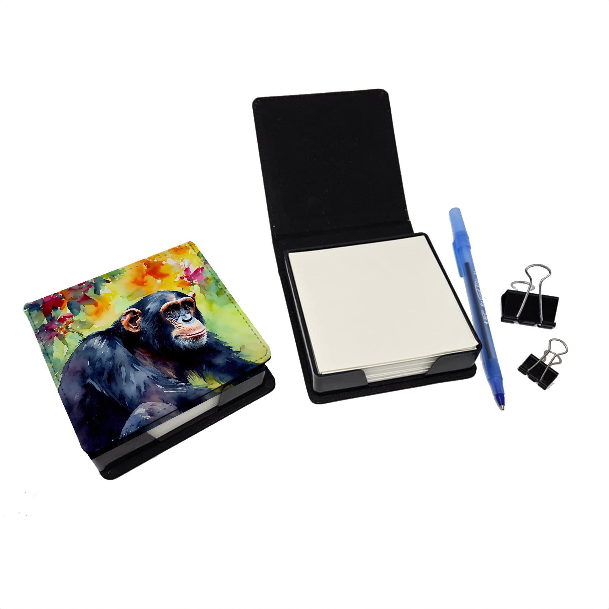 Chimpanzee PU Leather Note Paper Holder with Artist-Designed Cover, Desk Accessory, Office Gift