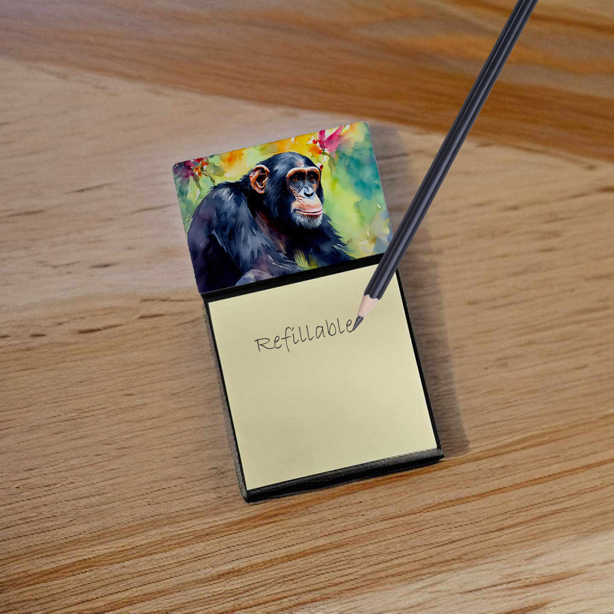Chimpanzee Watercolor Sticky Note Holder Refillable Dispenser Desk Accessory 3x3 Pad Gift