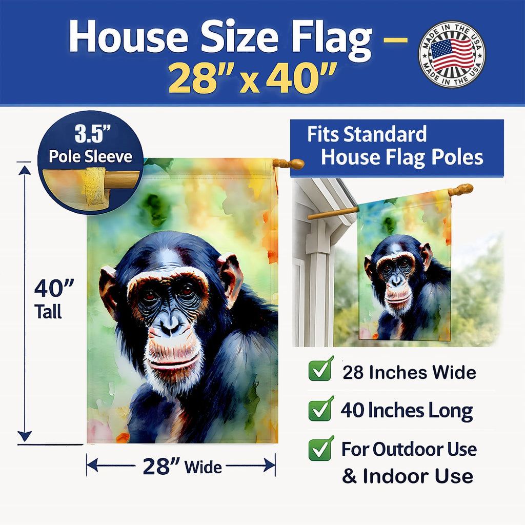 Chimpanzee House Flag 28x40 Porch Sleeve Pole Decorative Outside Yard Banner Artwork Wall Hanging, Polyester