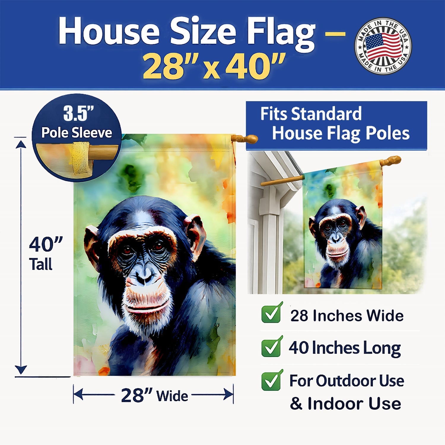 Chimpanzee House Flag 28x40 Porch Sleeve Pole Decorative Outside Yard Banner Artwork Wall Hanging, Polyester