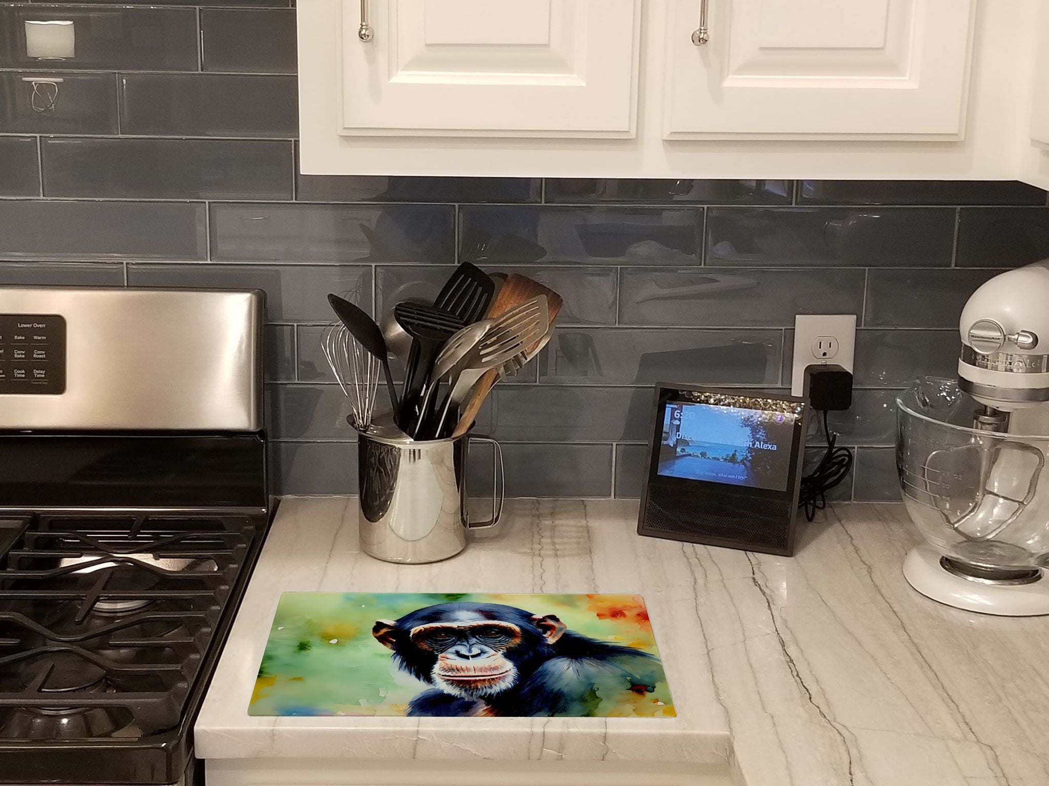 Chimpanzee Cutting Board Tempered Glass Kitchen Cutting Surface, Heat Resistant Chopping, Non-Slip Feet, Food Prep & Serving