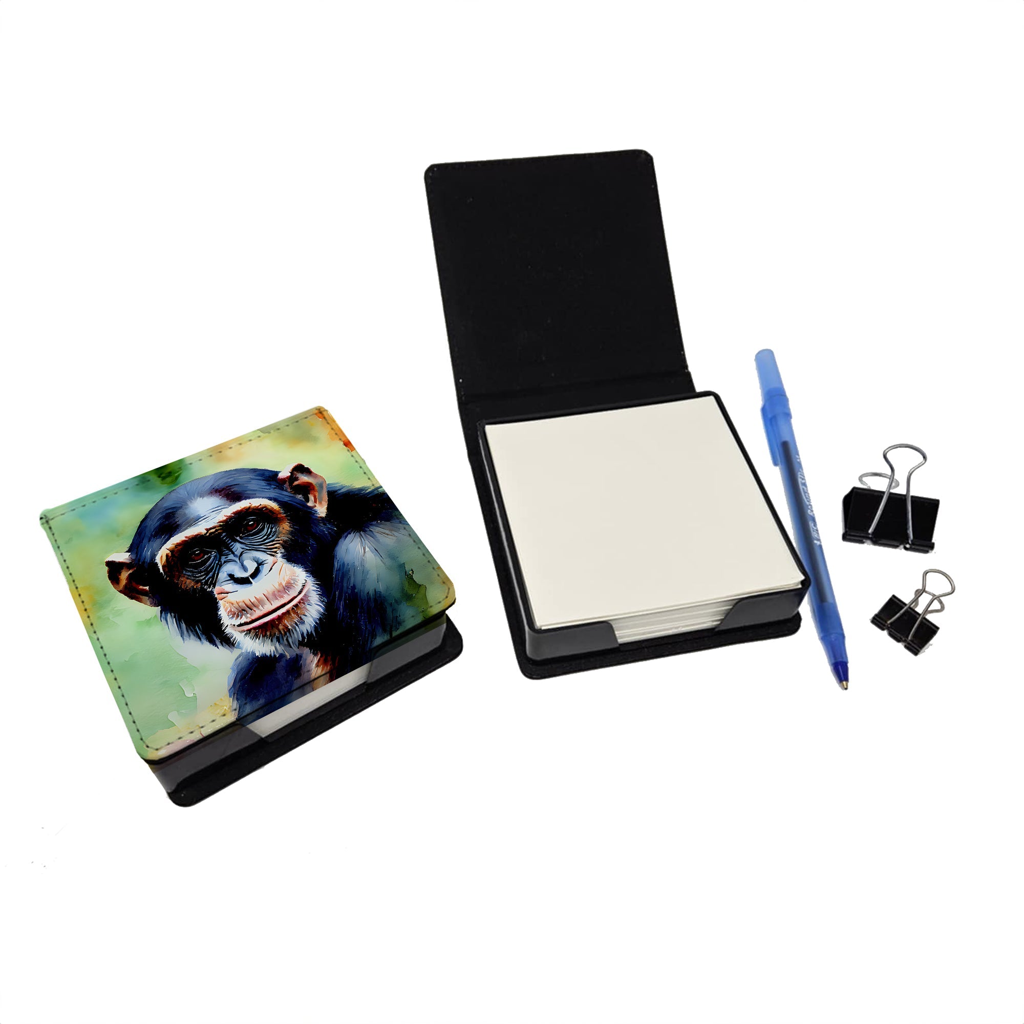 Chimpanzee PU Leather Note Paper Holder with Artist-Designed Cover, Desk Accessory, Office Gift