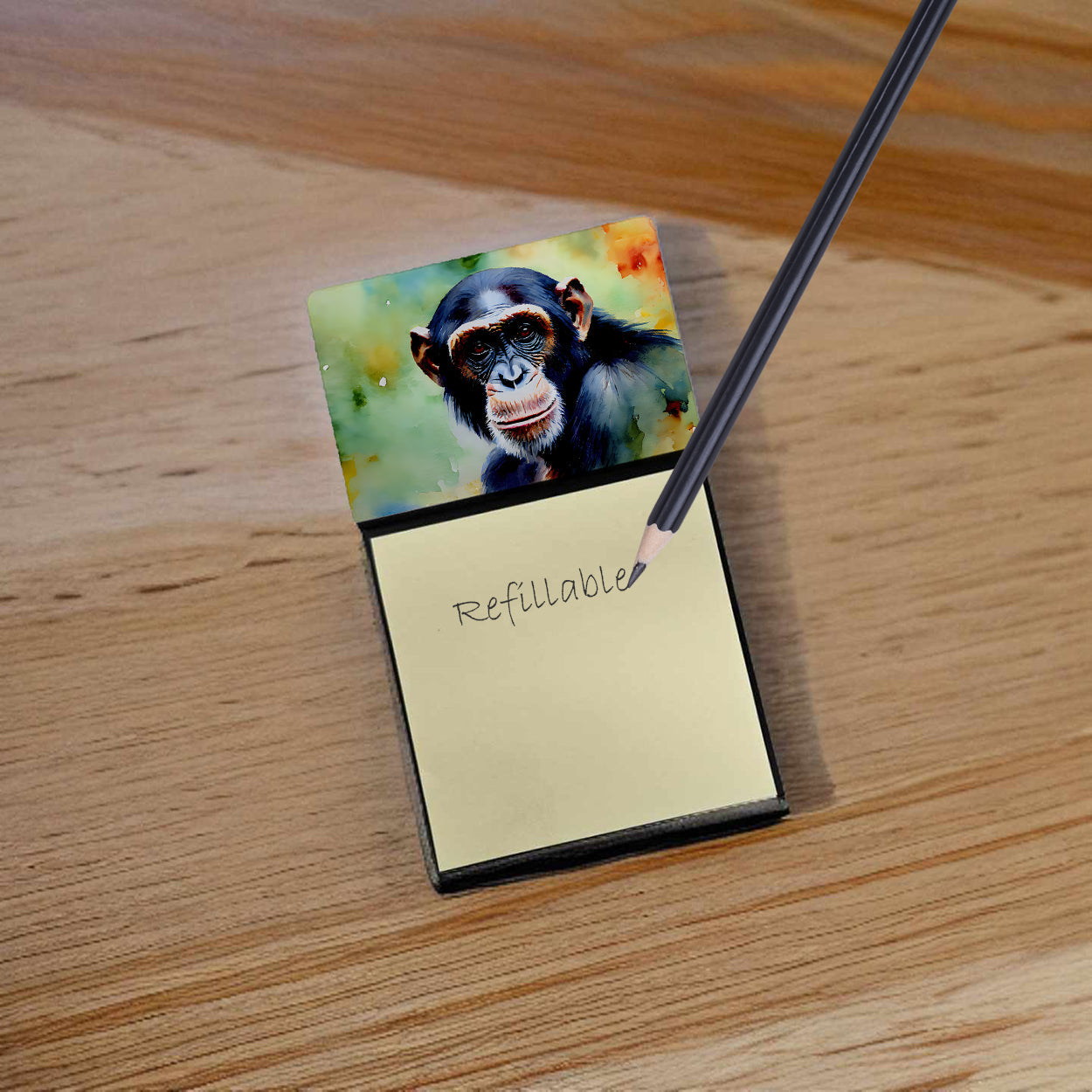 Chimpanzee Watercolor Sticky Note Holder Refillable Dispenser Desk Accessory 3x3 Pad Gift