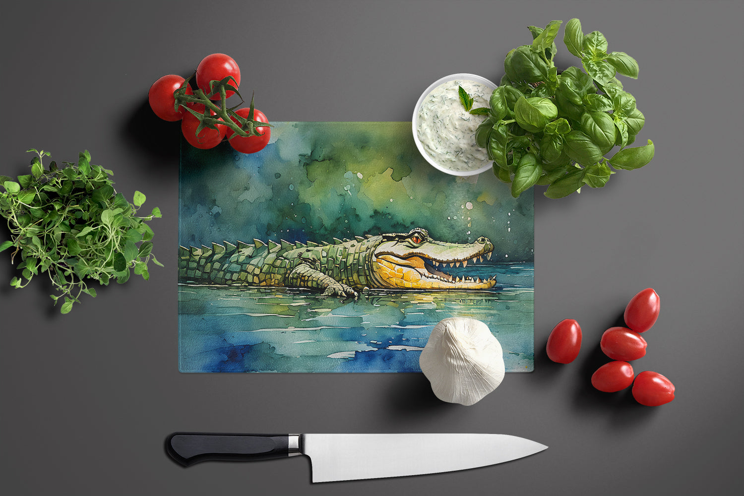 Crocodile Cutting Board Tempered Glass Kitchen Cutting Surface, Heat Resistant Chopping, Non-Slip Feet, Food Prep & Serving