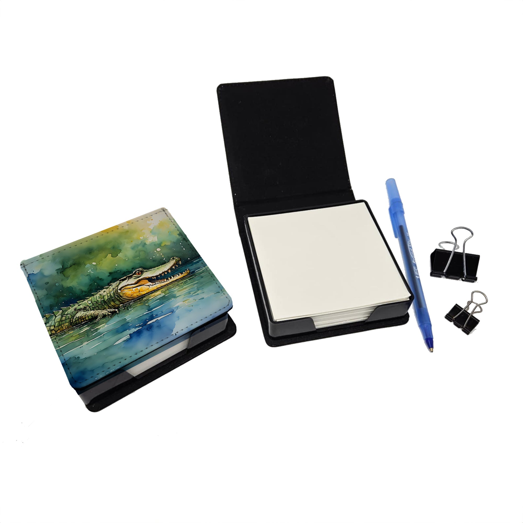 Crocodile PU Leather Note Paper Holder with Artist-Designed Cover, Desk Accessory, Office Gift