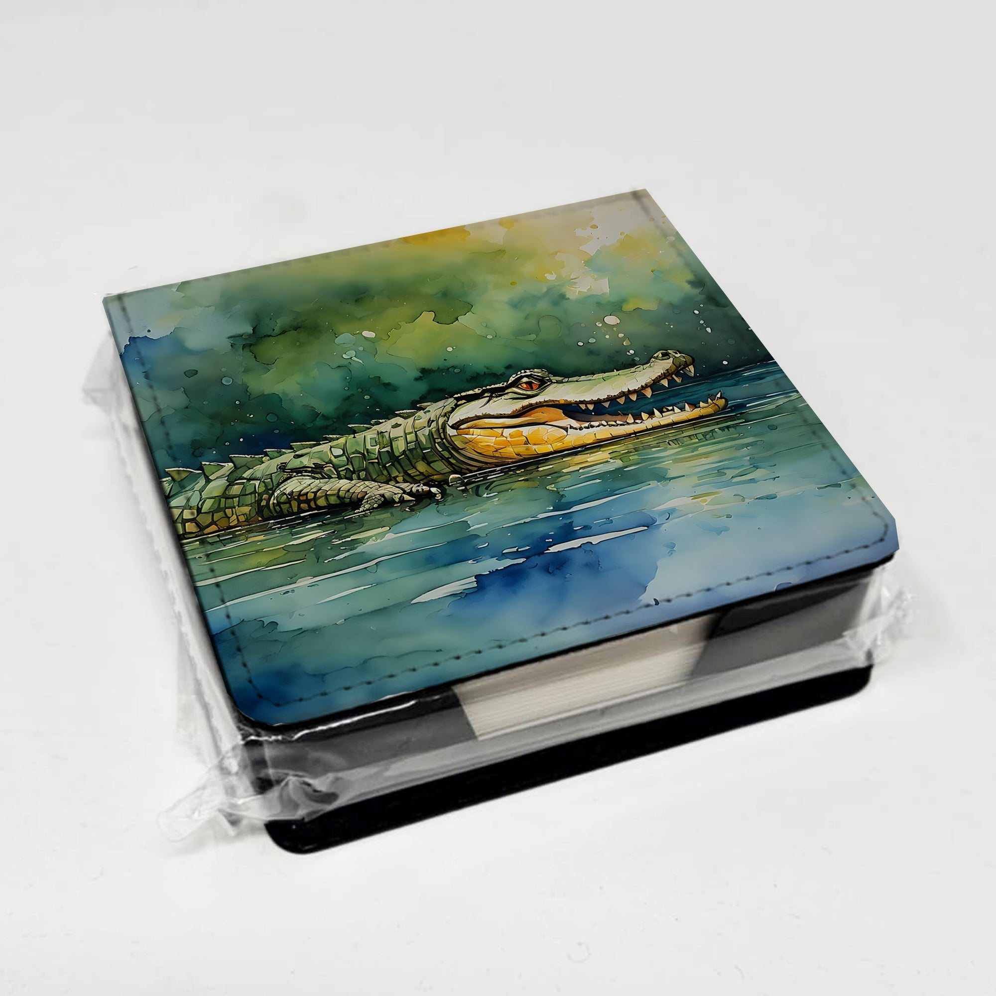 Crocodile PU Leather Note Paper Holder with Artist-Designed Cover, Desk Accessory, Office Gift